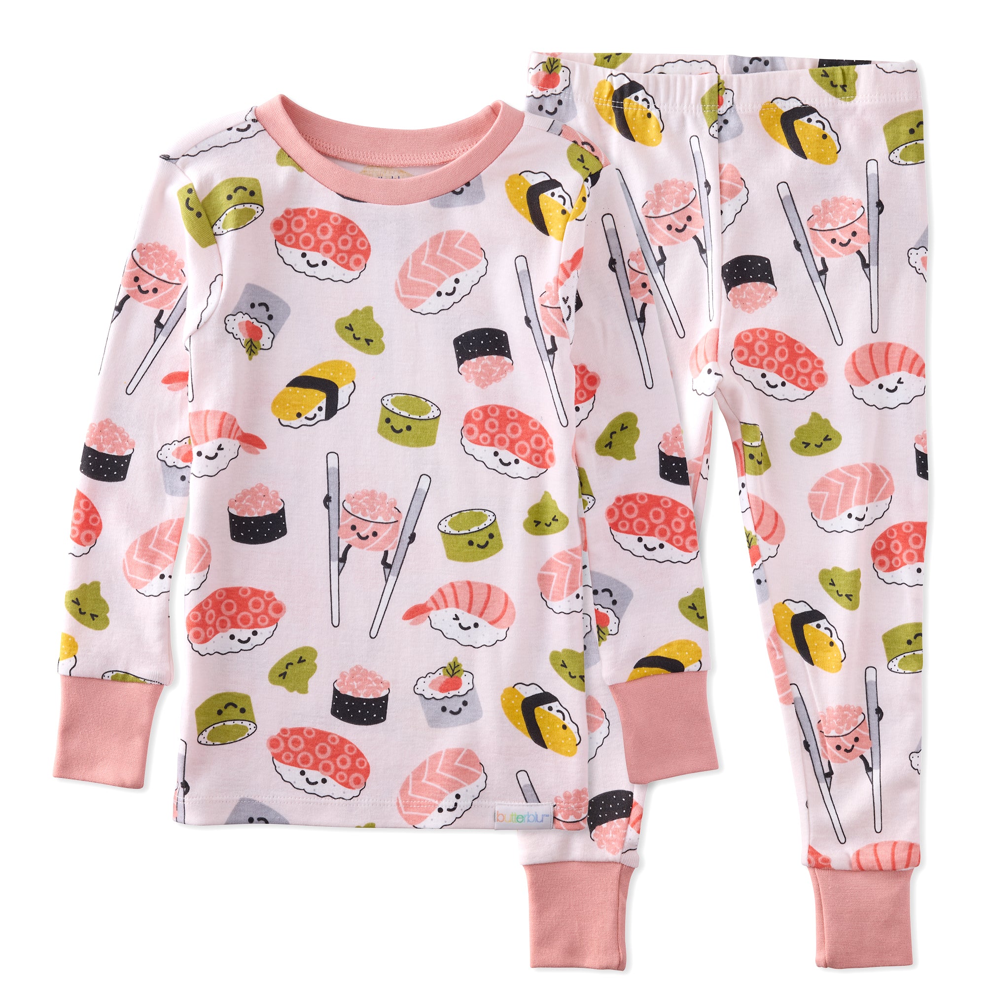 Children's pajama set with sushi pattern on a white background