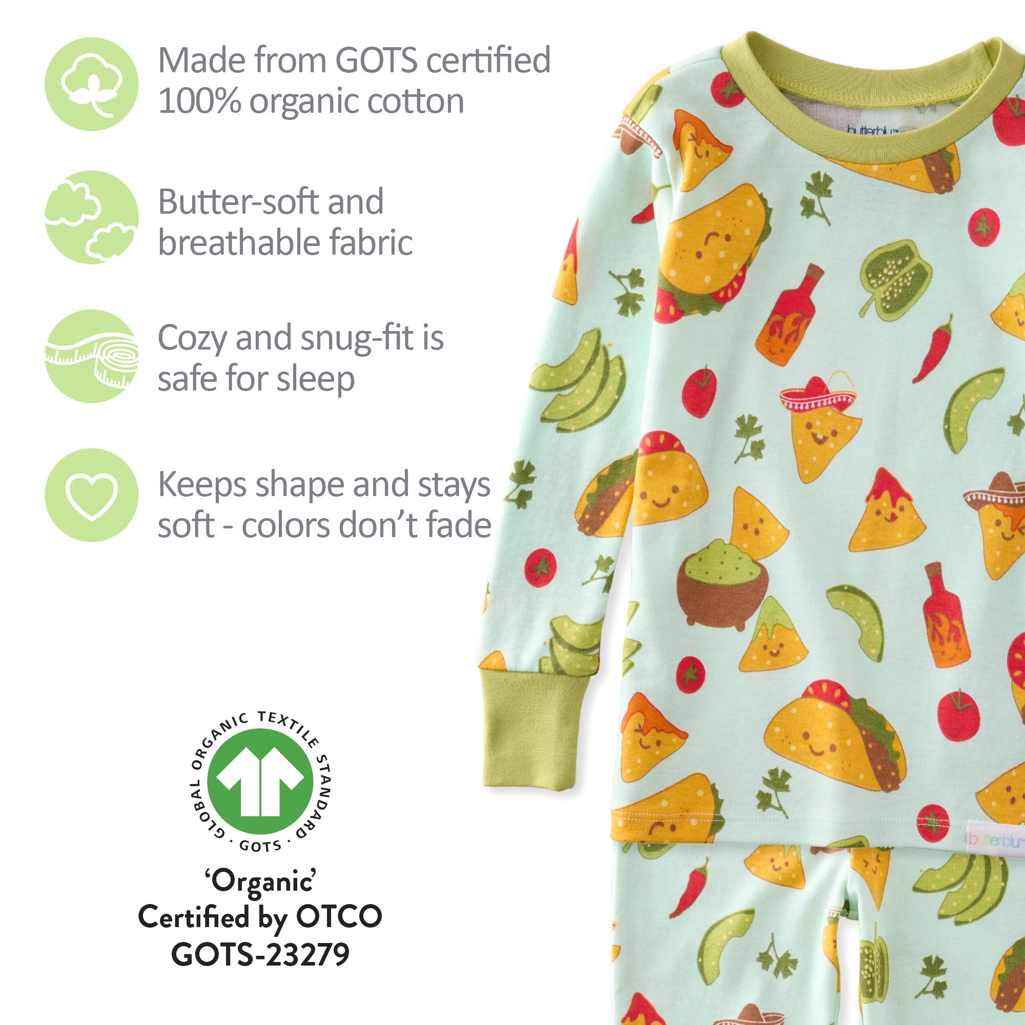 Children's pajama set with taco pattern on a light blue background, featuring organic cotton certification.