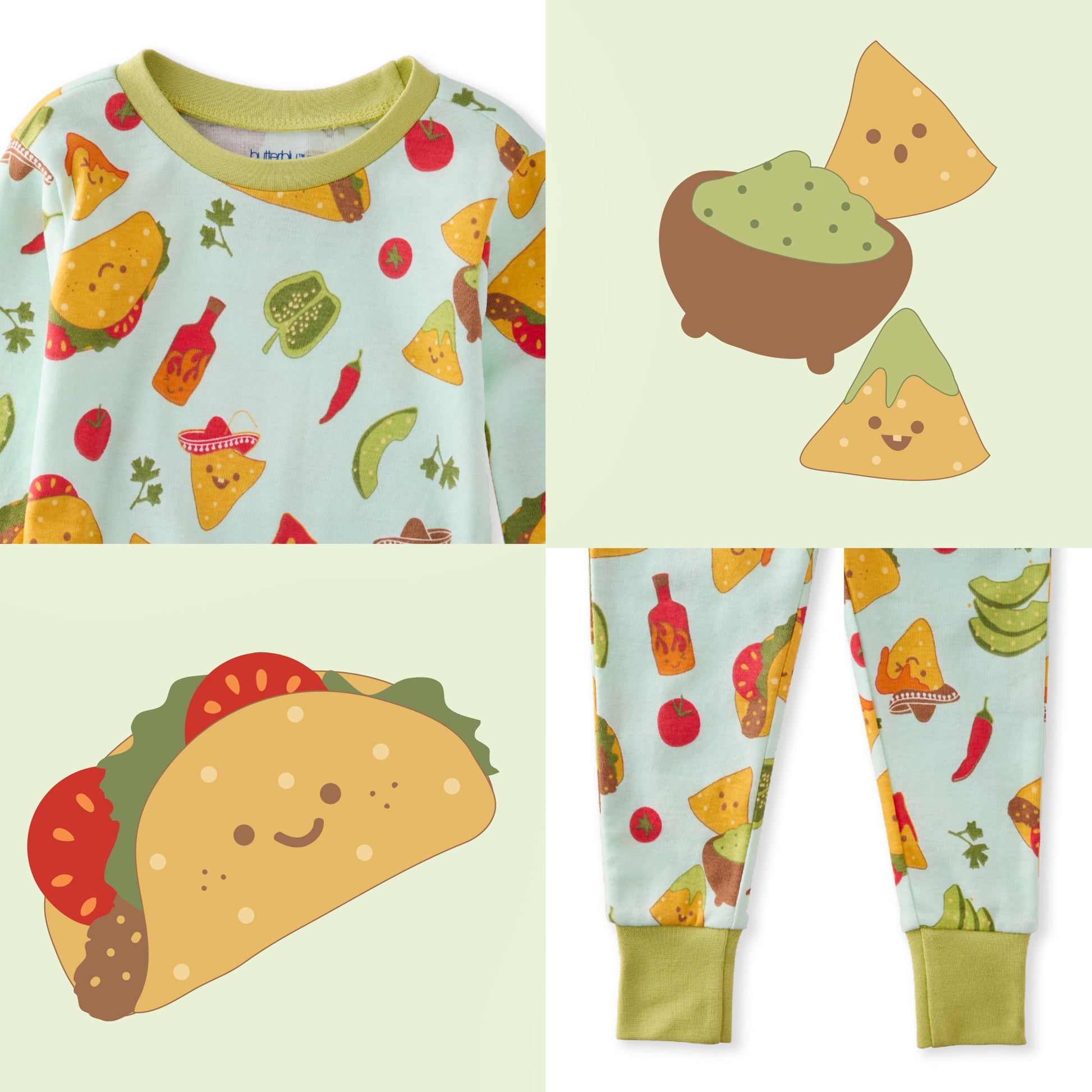 Children's pajama set with taco and guacamole design on a light green background