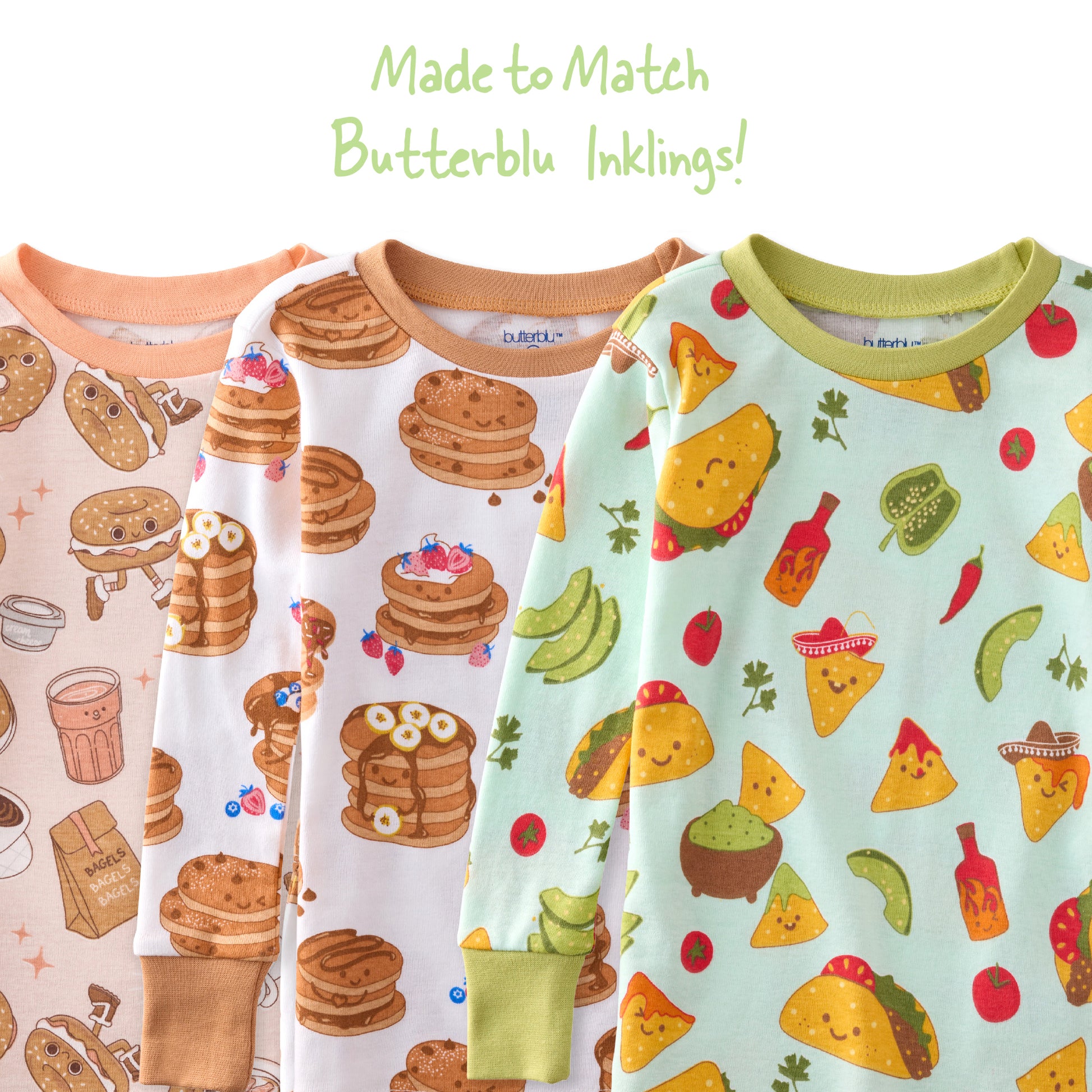 Three children's pajama sets with food-themed patterns on a white background.