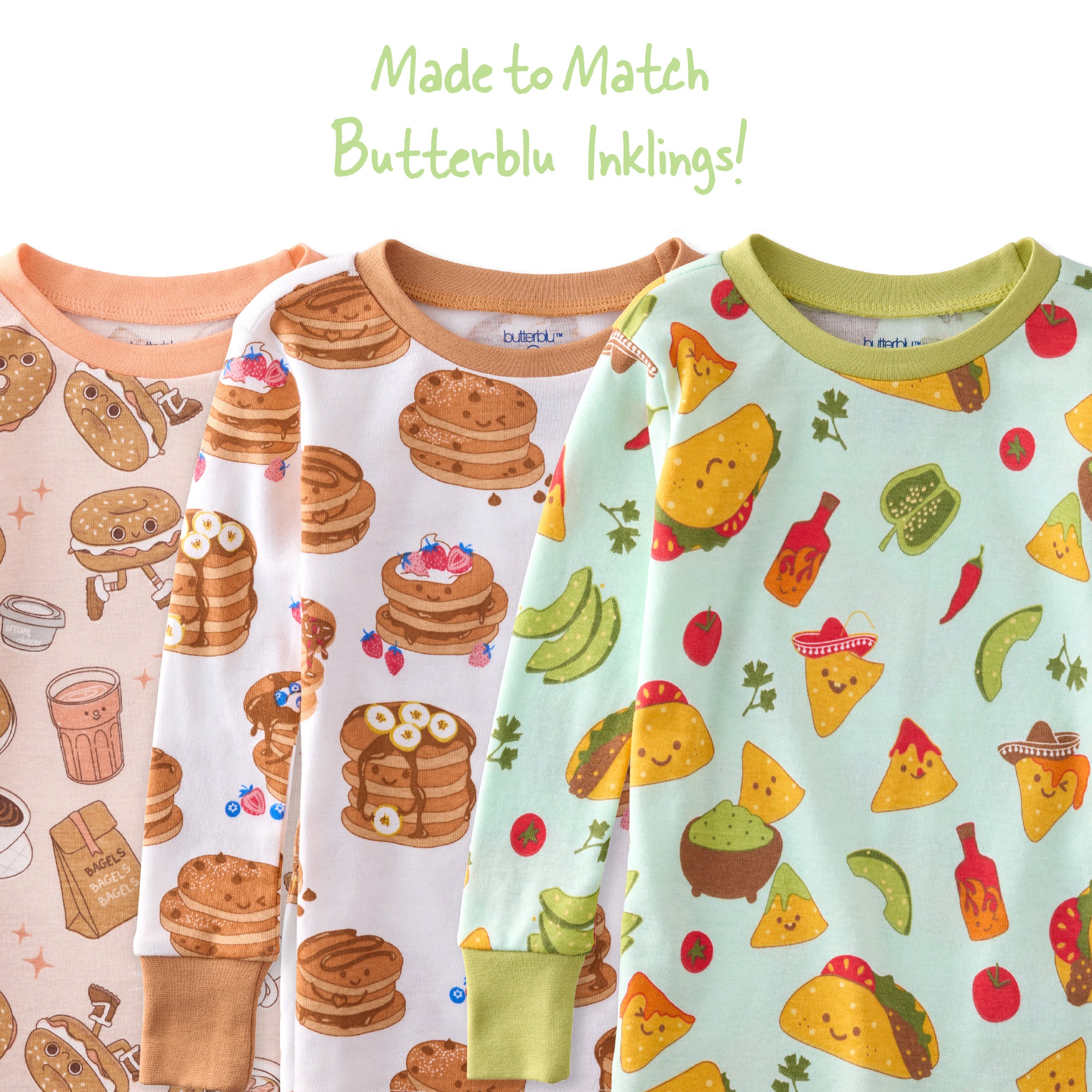 Three children's pajama sets with food-themed patterns on a white background.