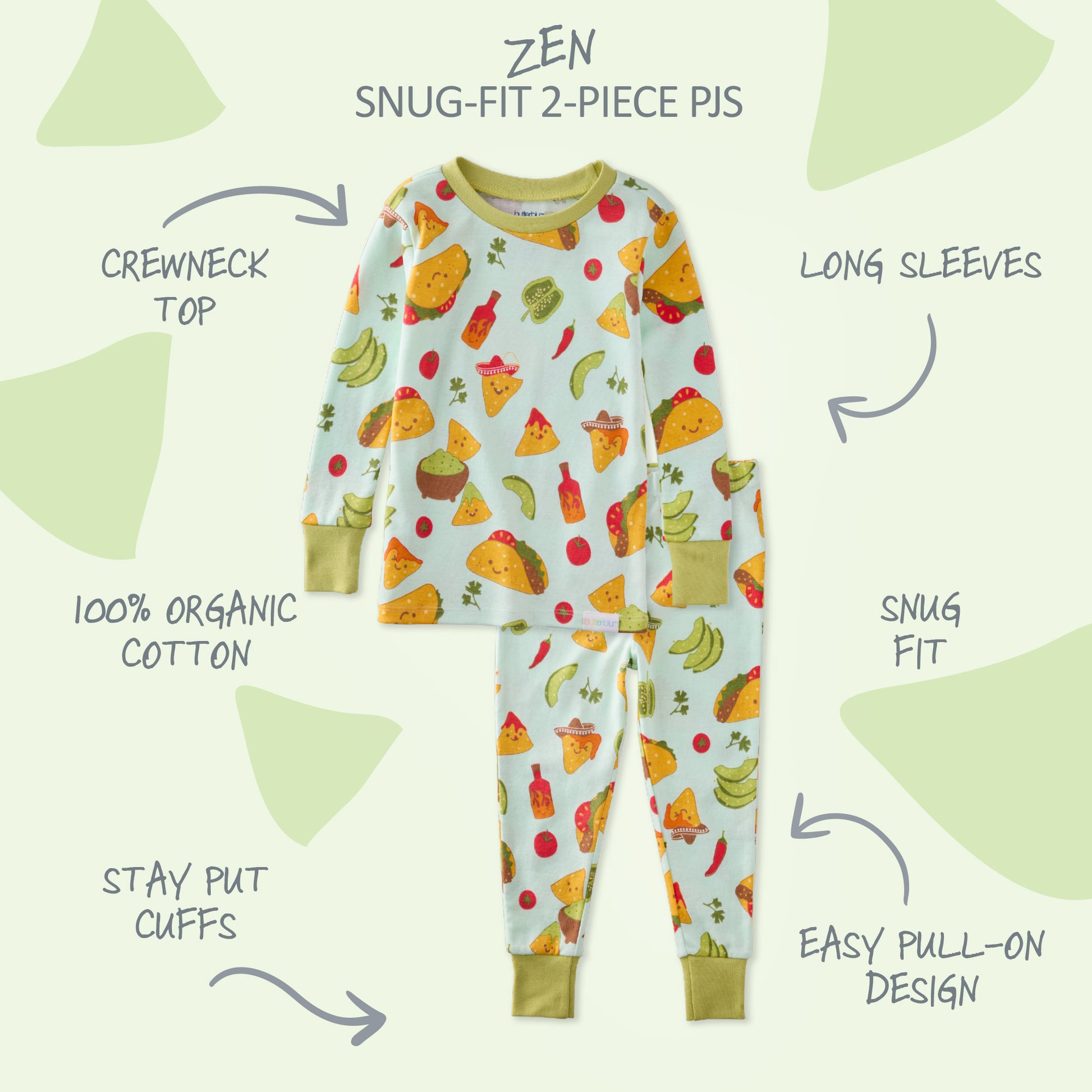 Children's pajama set with colorful pattern on a light green background