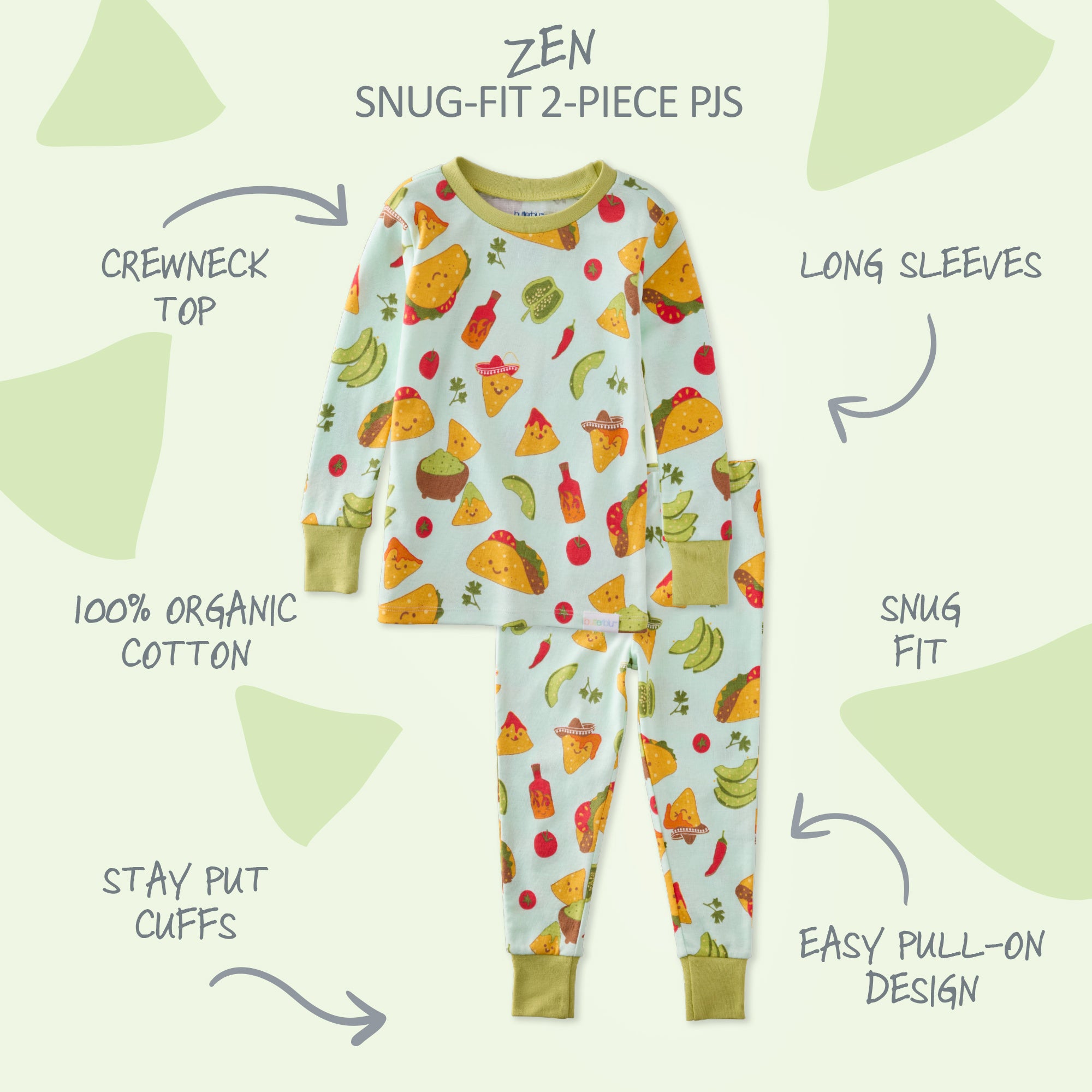 Children's pajama set with colorful pattern on a light green background