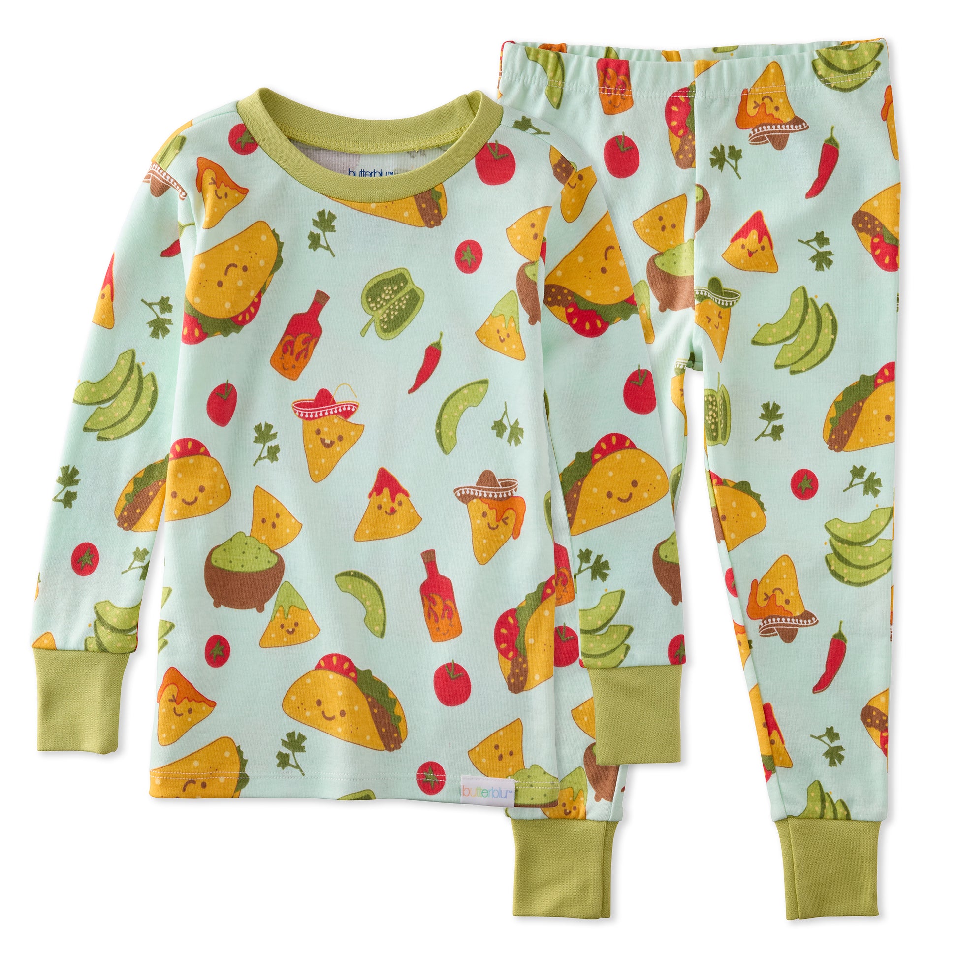 Children's pajama set with taco and fruit pattern on a light blue background