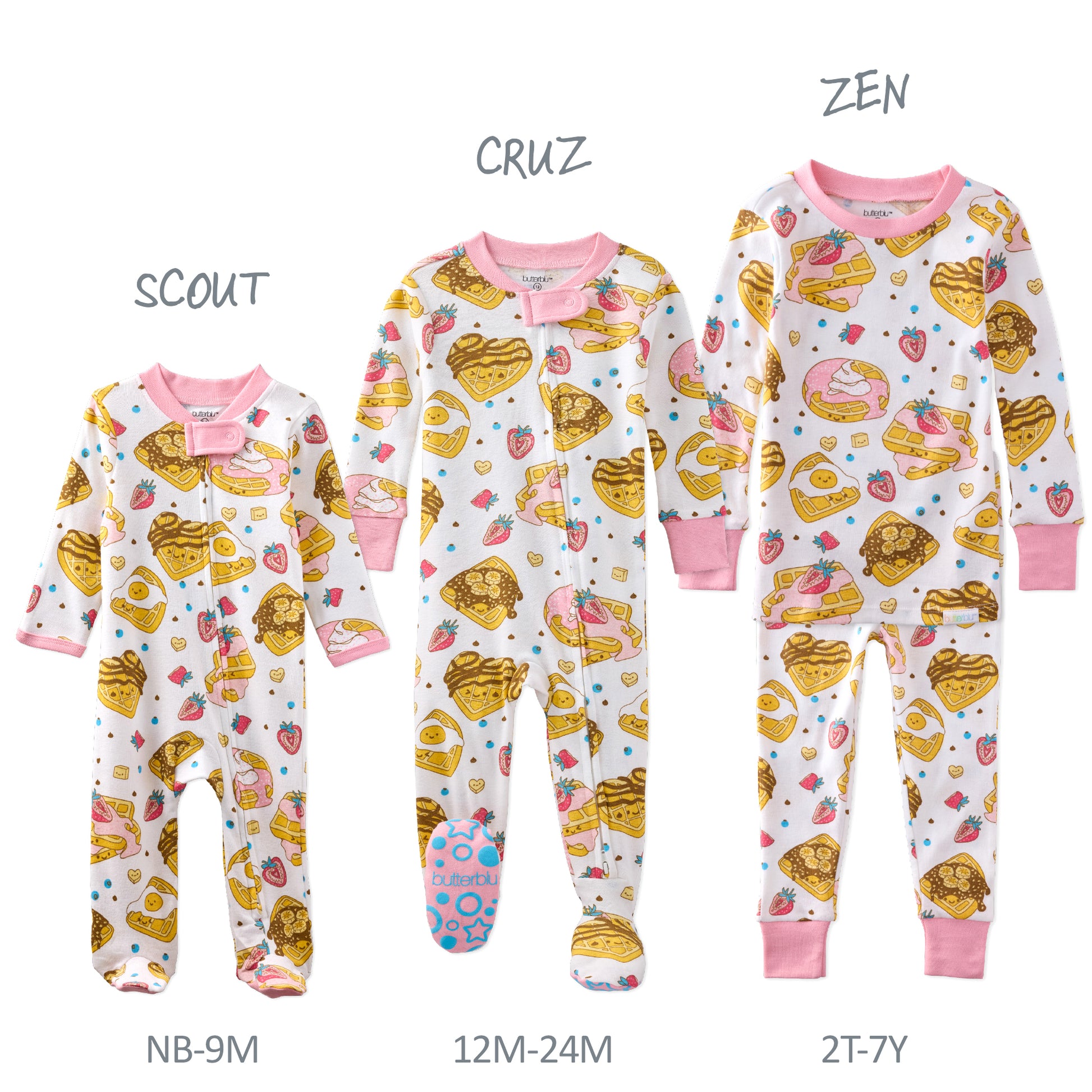 Three children's pajamas with different sizes labeled 'Scout', 'Cruz', and 'Zen' on a white background.