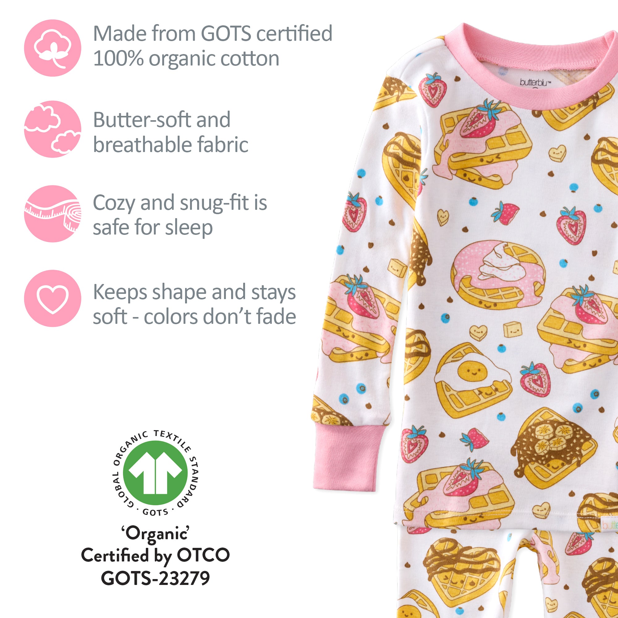 Children's pajamas with breakfast-themed design and GOTS certification label.