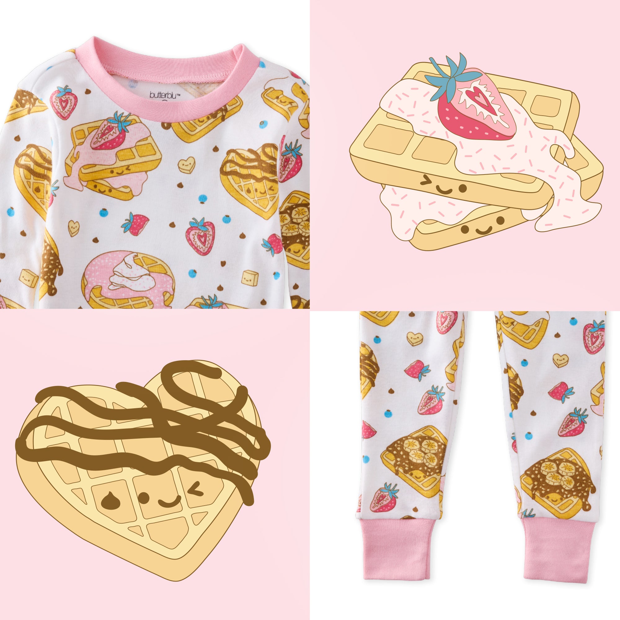 Children's pajama set with heart-shaped waffles and strawberries on a pink background