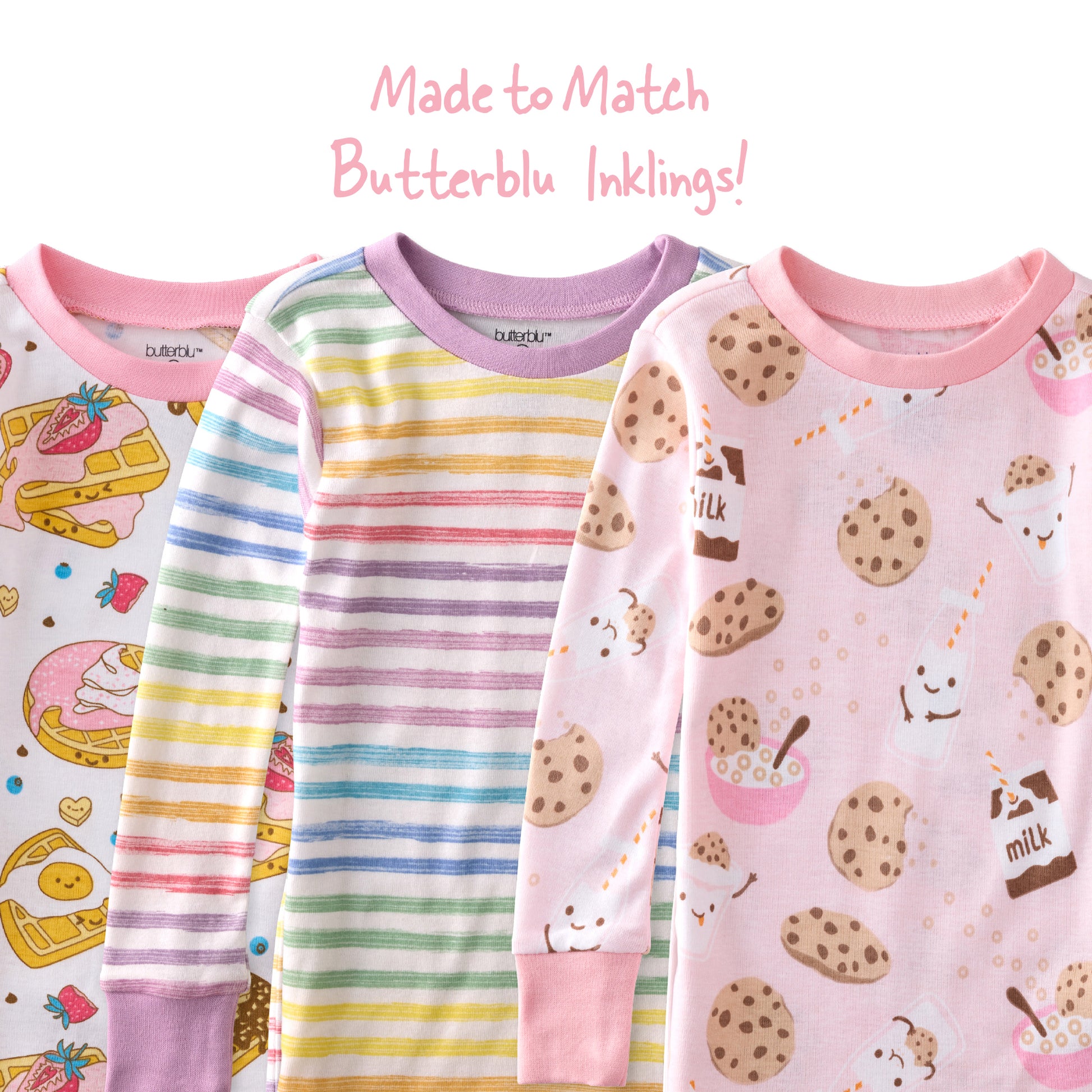 Three children's pajamas with different patterns and colors on a white background.