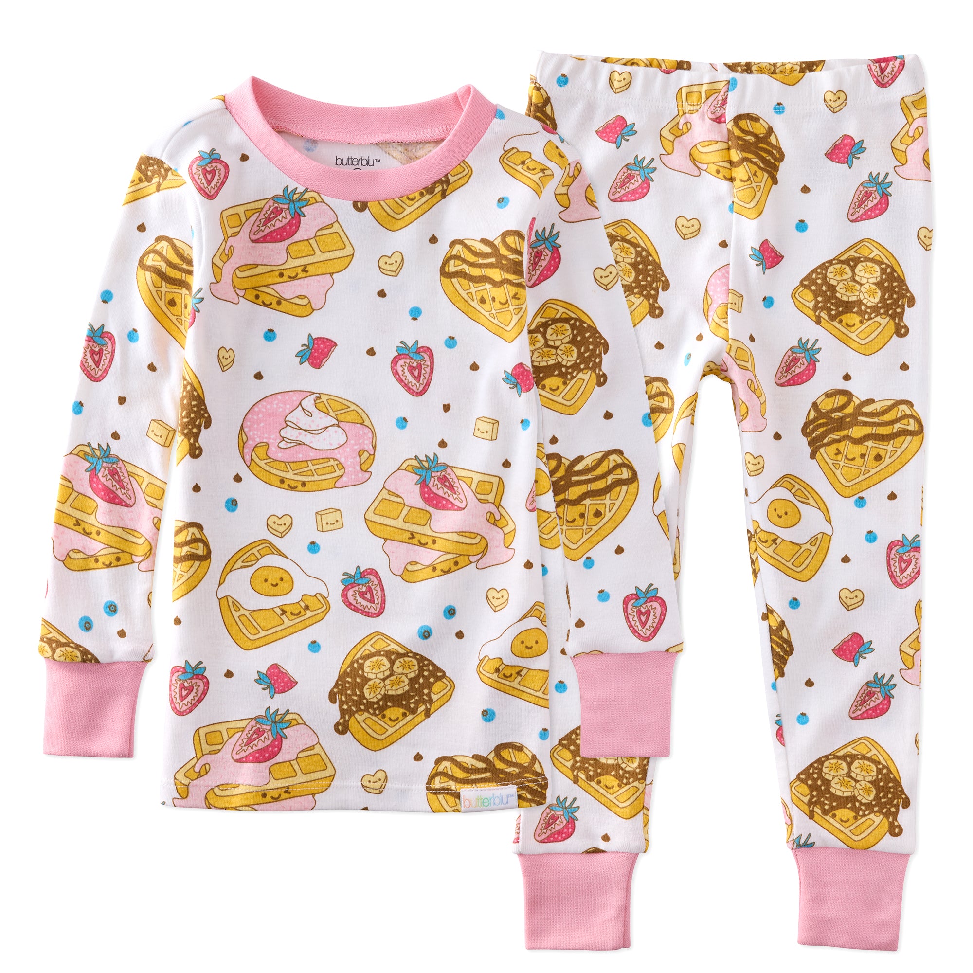 Children's pajama set with waffle and strawberry pattern on a white background