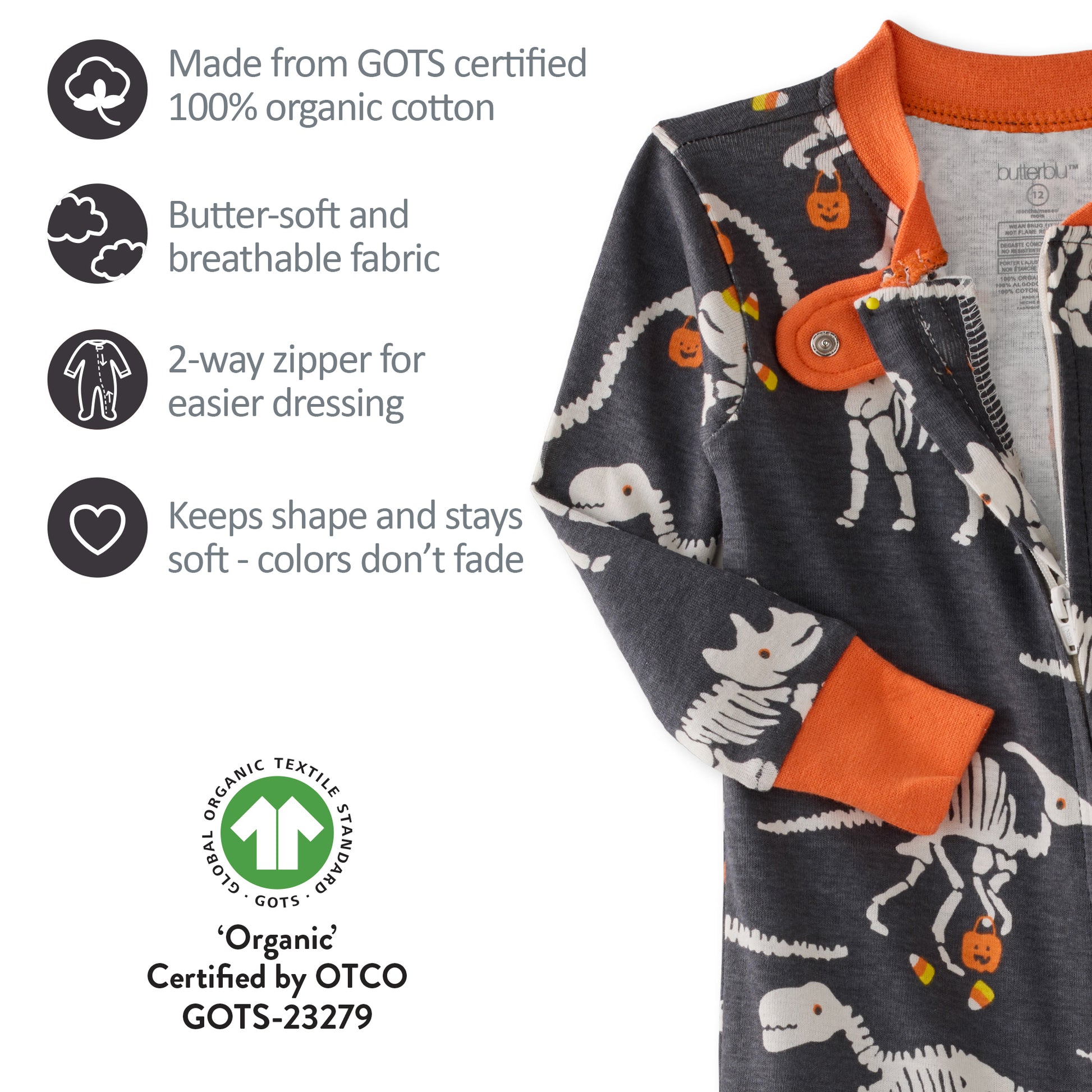 Children's pajama set with skeleton design on a white background, featuring organic cotton certification.