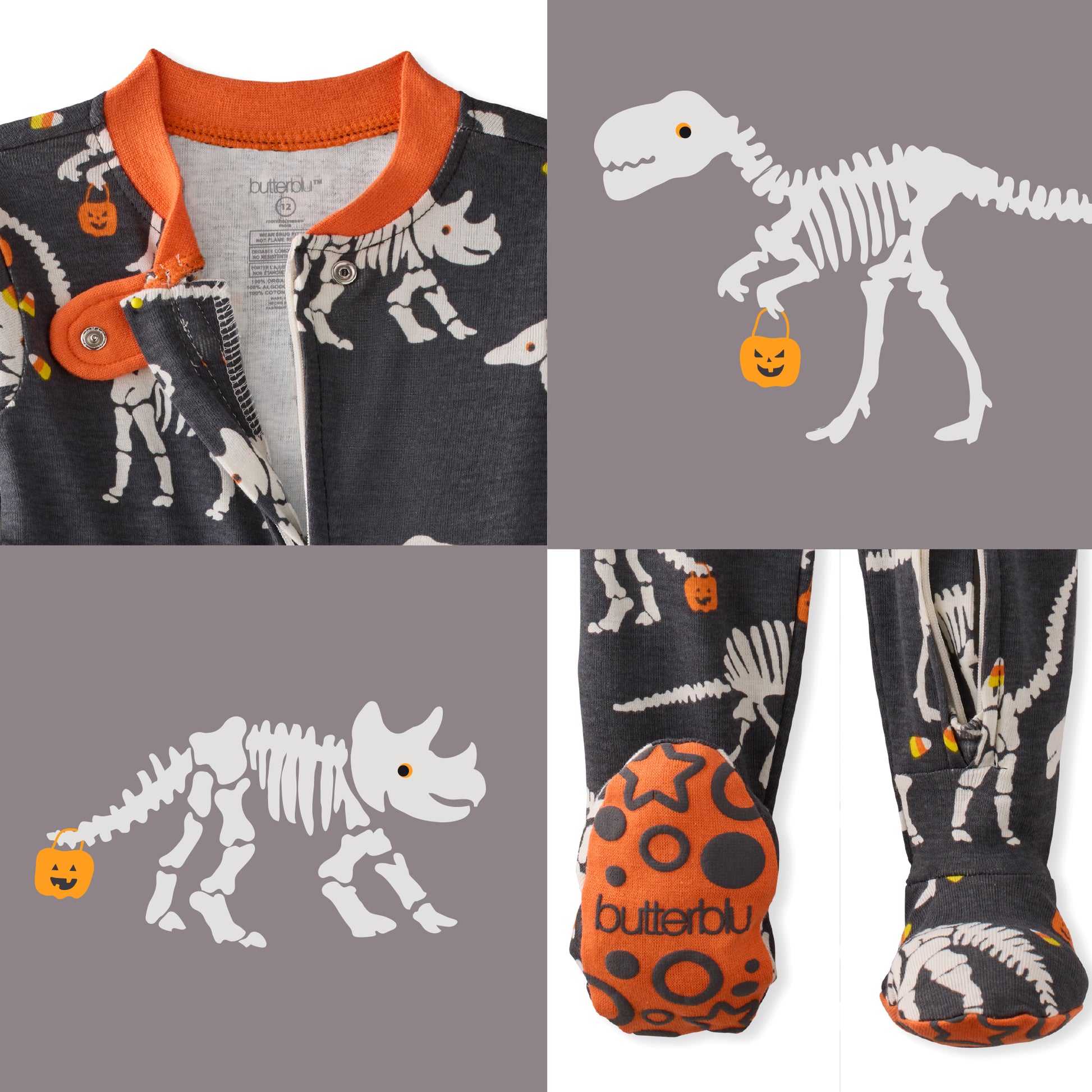 Children's Halloween-themed outfit with skeleton design and colorful accents.