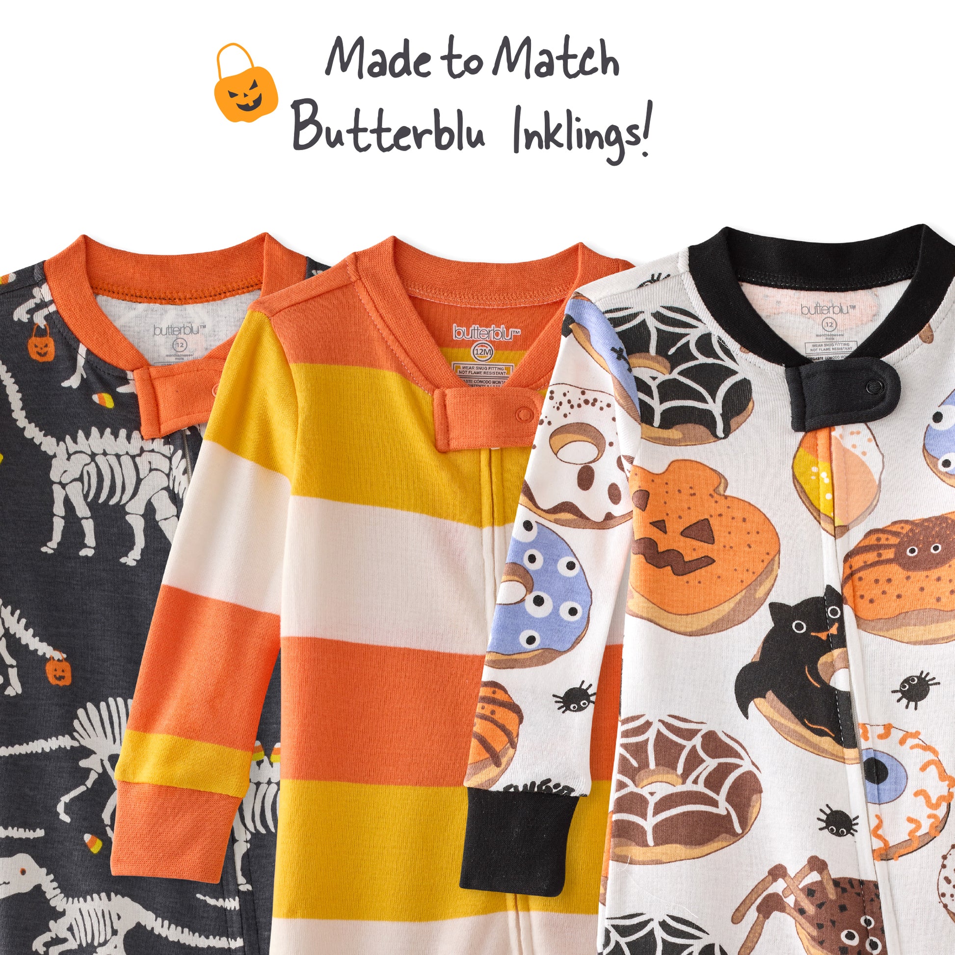 Three children's pajamas with Halloween-themed designs on a white background.