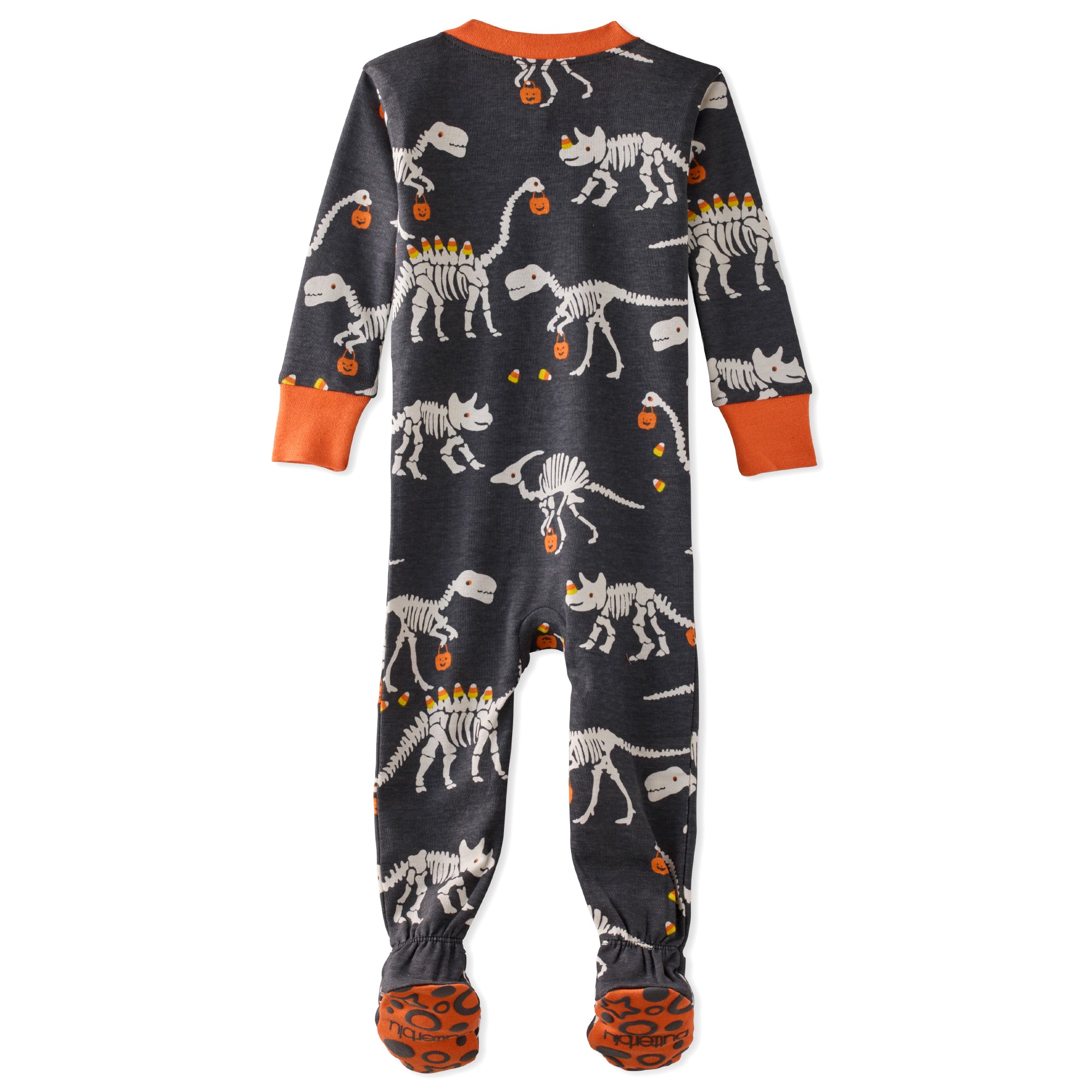 Children's onesie with dinosaur skeleton pattern on a white background