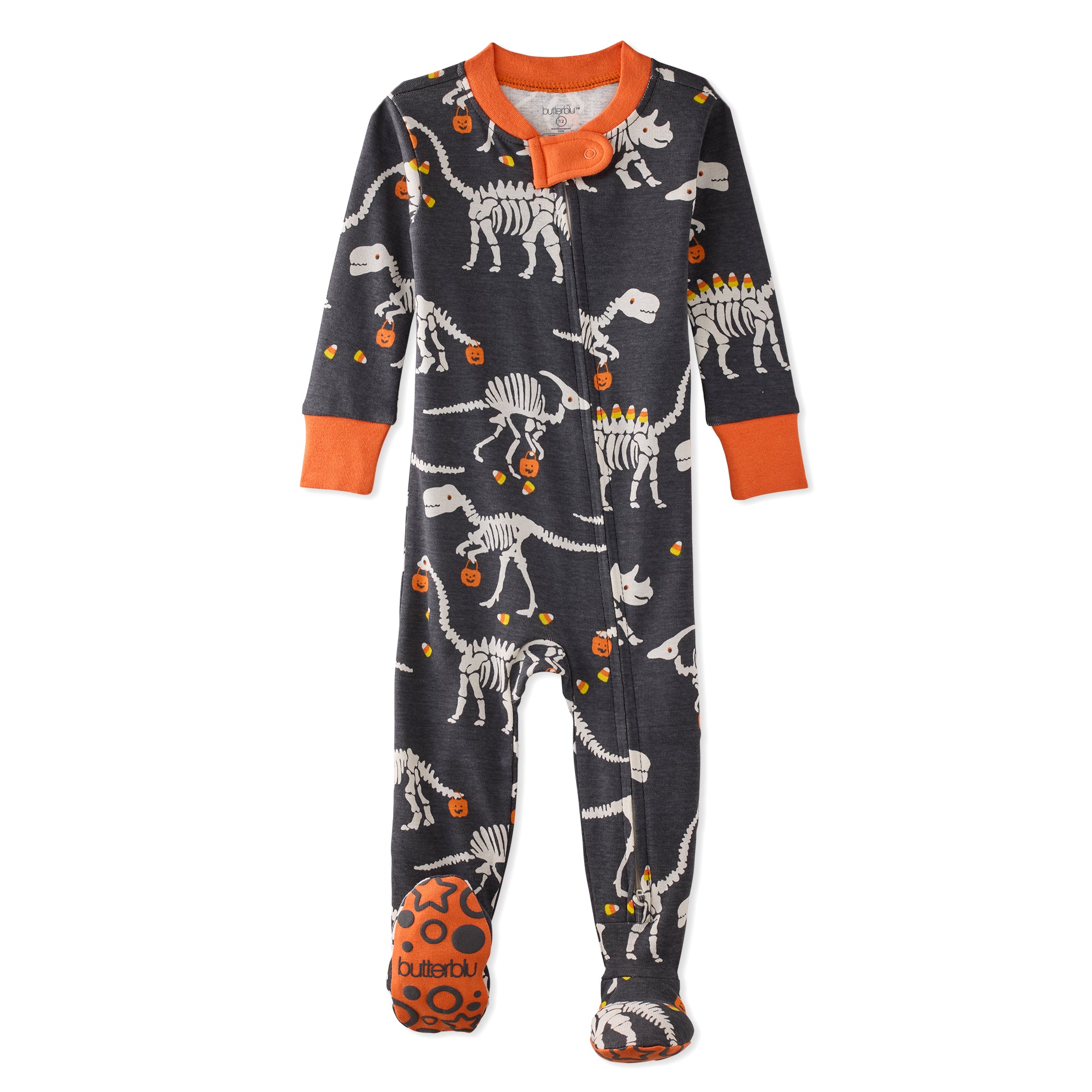 Children's onesie with dinosaur skeleton pattern on a white background