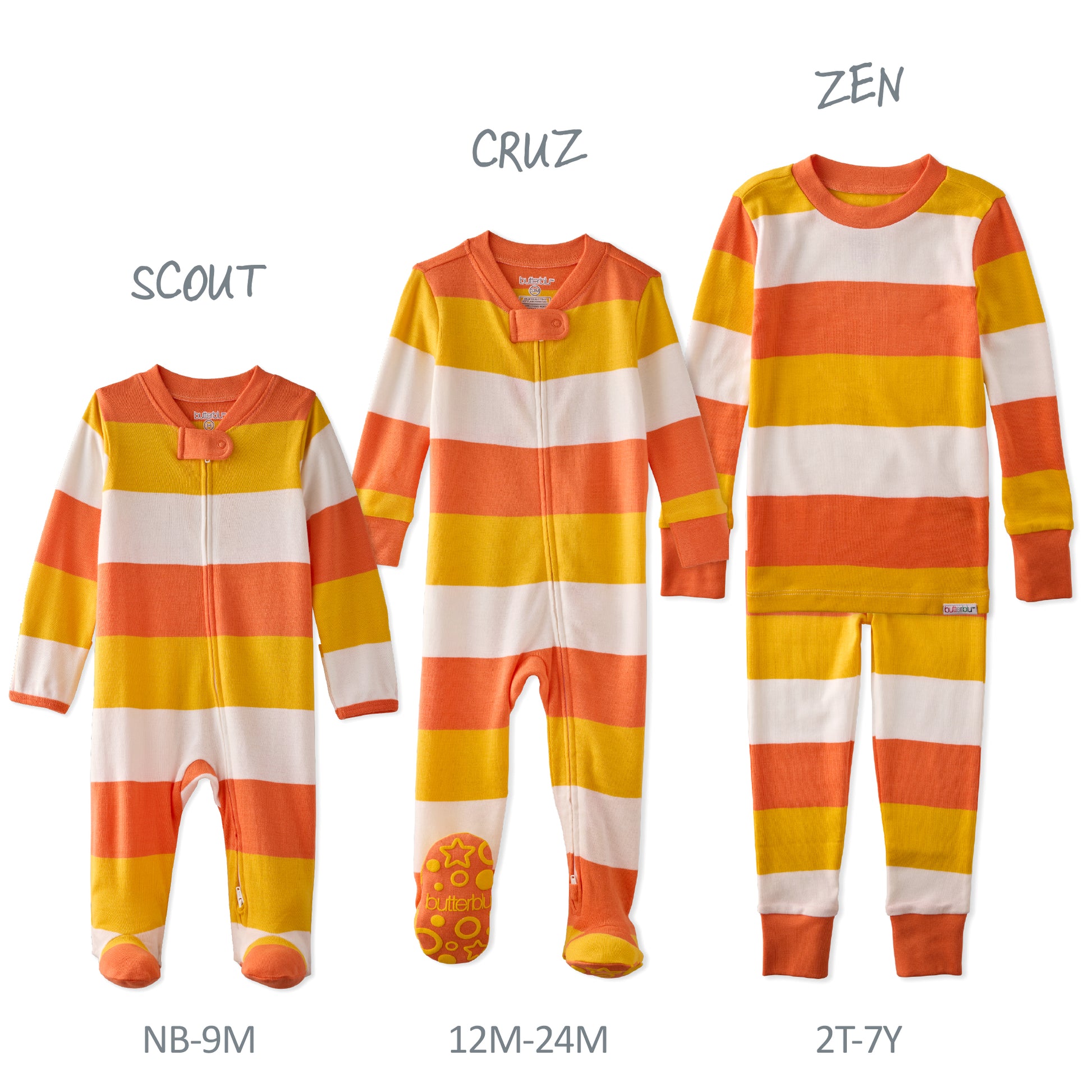 Three striped children's onesies labeled 'Scout', 'Cruz', and 'Zen' in various sizes on a white background.
