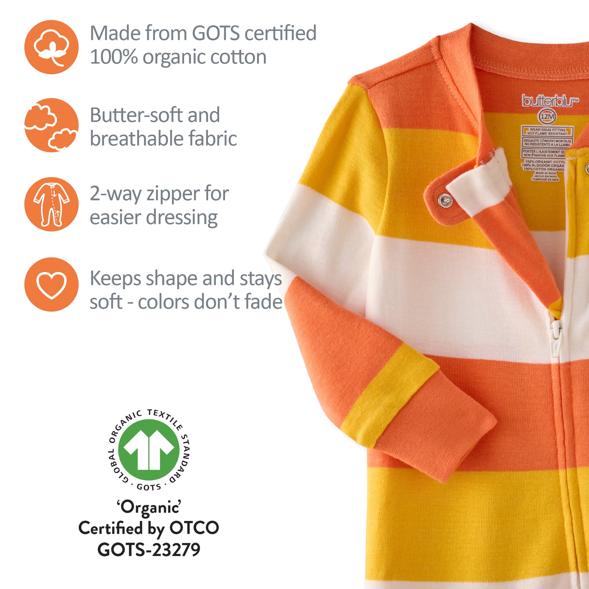 Children's striped jacket with organic cotton certification details on a white background