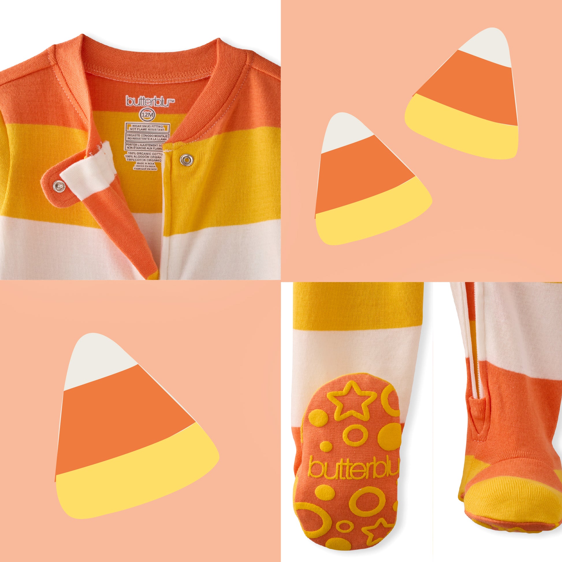 Baby outfit with candy corn design on a peach background