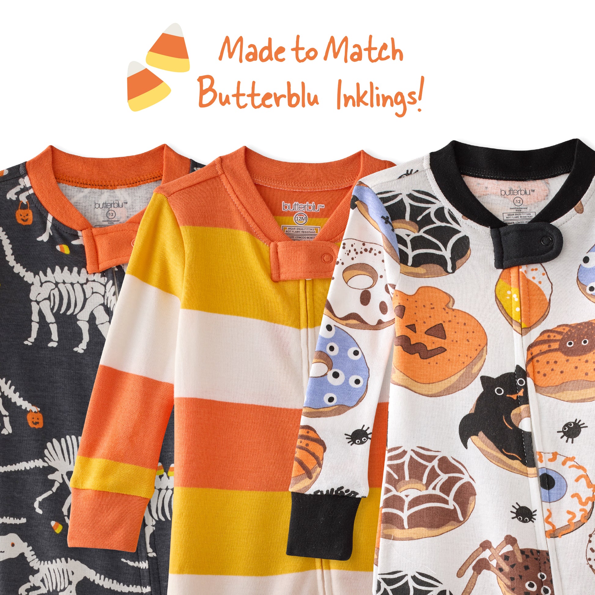Three children's outfits with Halloween-themed patterns on a white background.