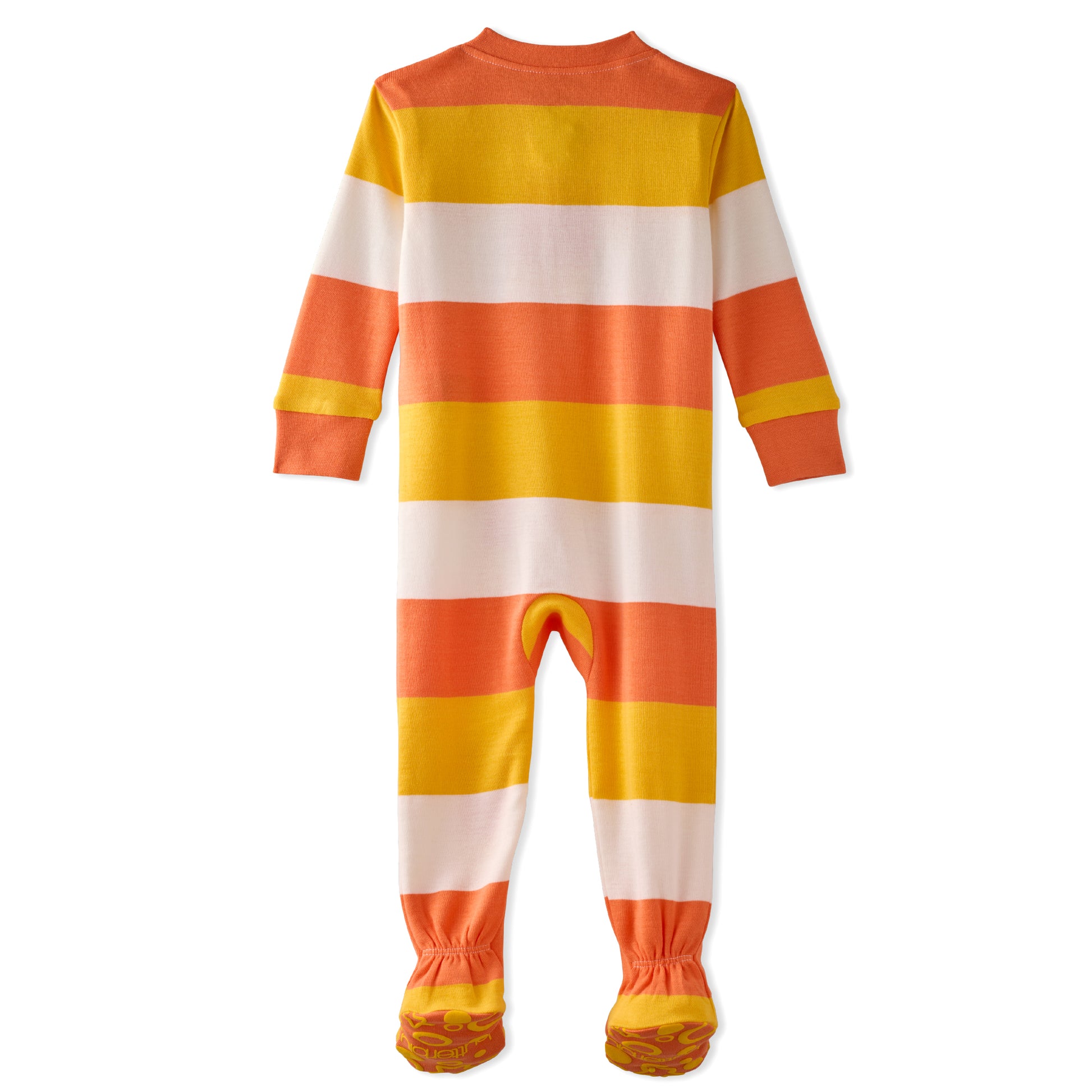 Striped baby onesie with orange, yellow, and white colors on a white background