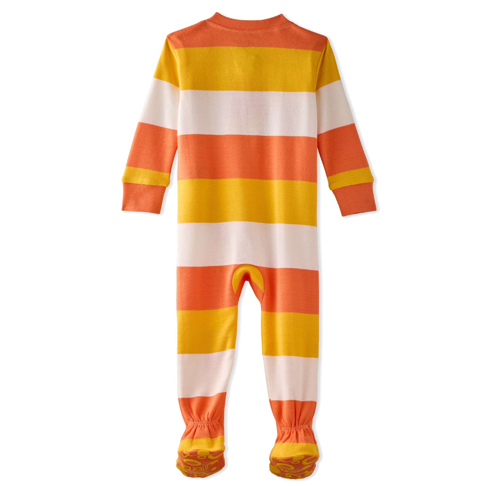 Striped baby onesie with orange, yellow, and white colors on a white background