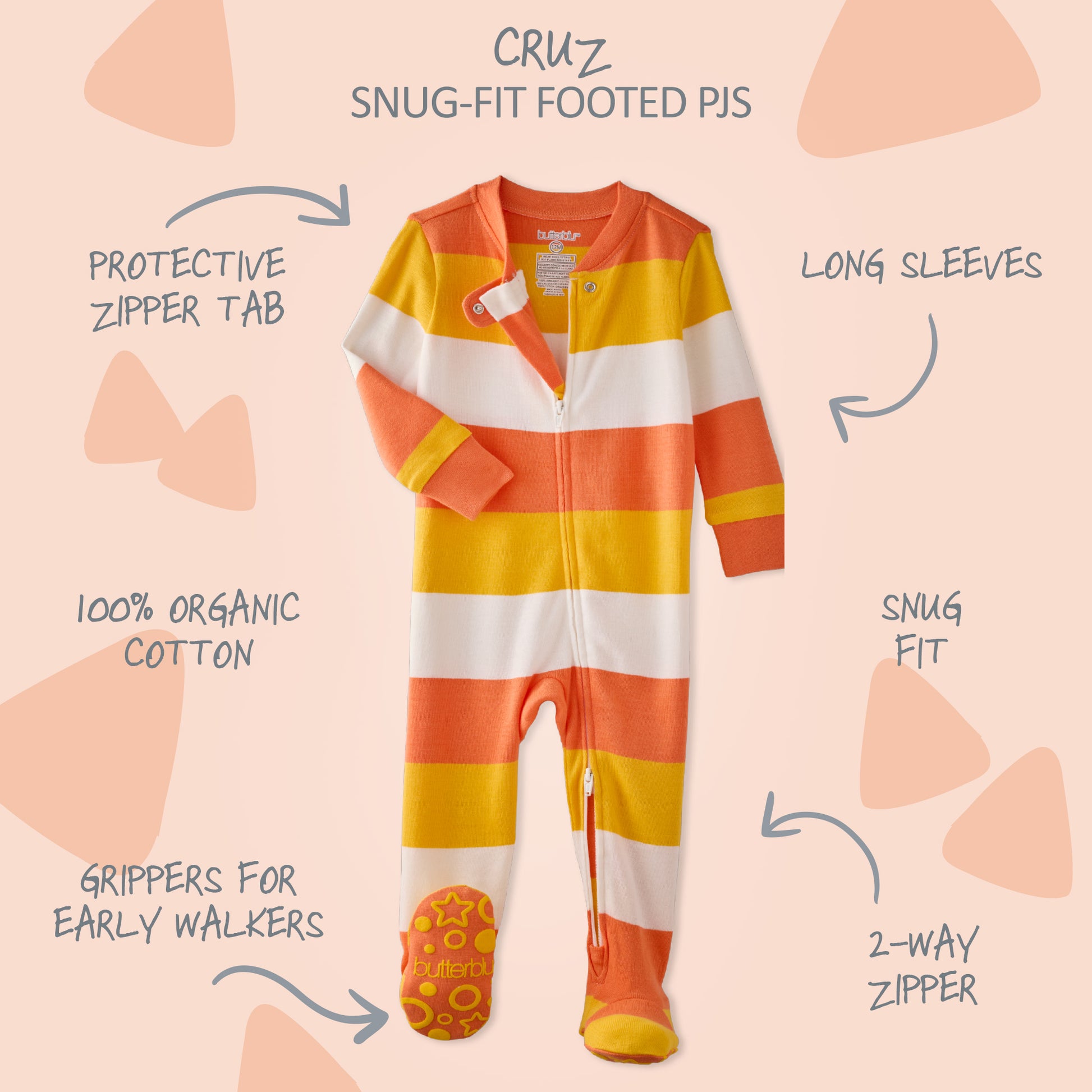 Children's striped onesie with features highlighted on a pink background