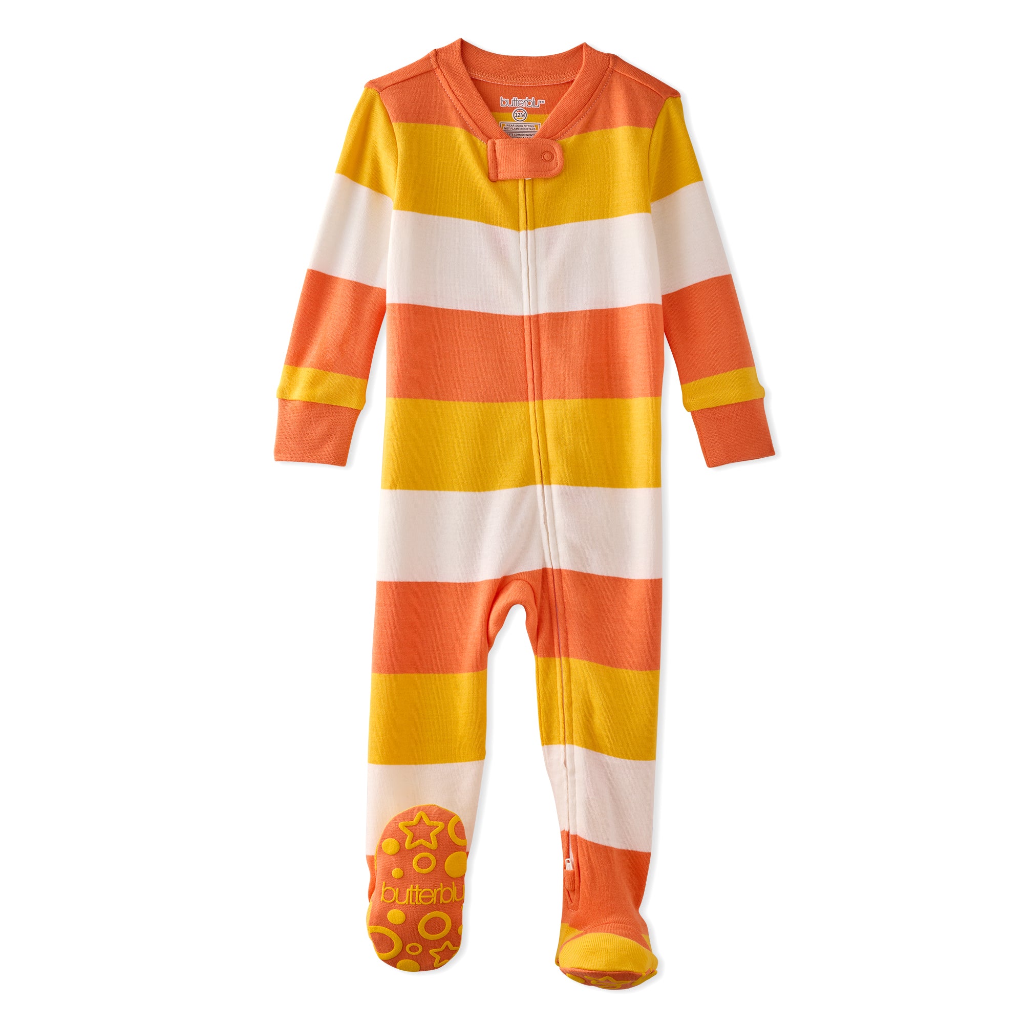 Striped baby onesie with orange, yellow, and white colors on a white background