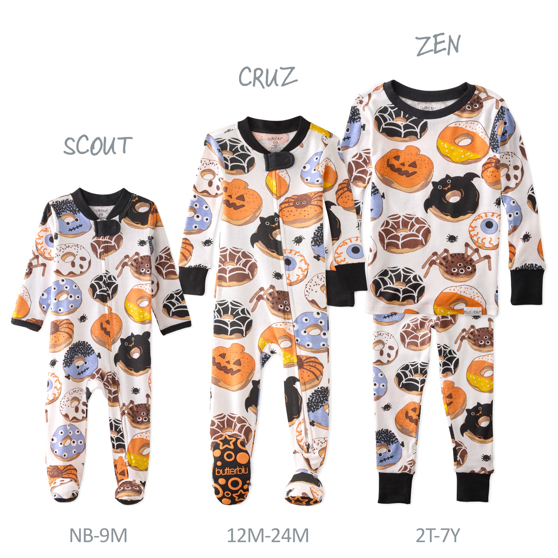 Halloween-themed baby onesies with different sizes labeled on a white background