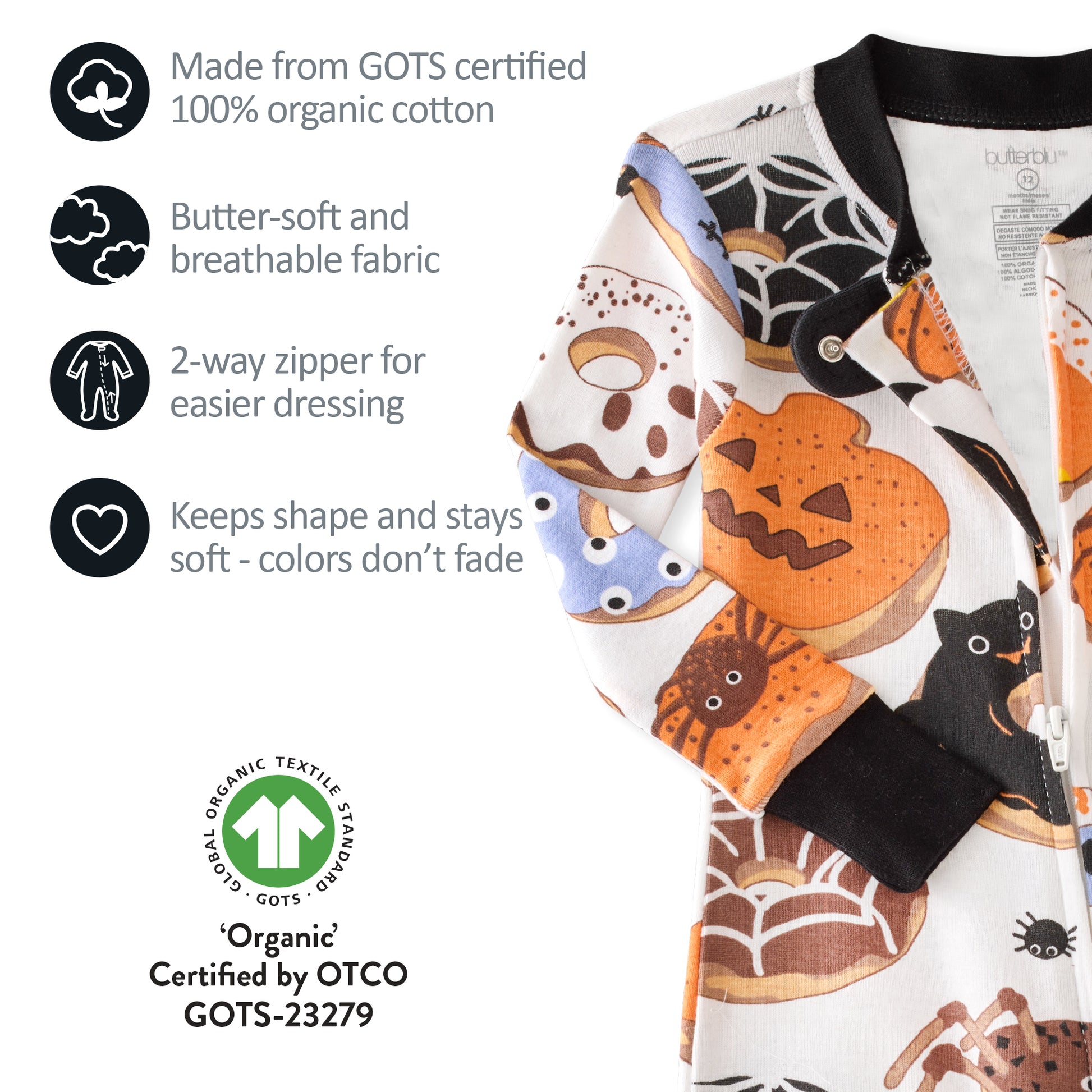 Baby onesie with Halloween-themed design and product features listed on a white background