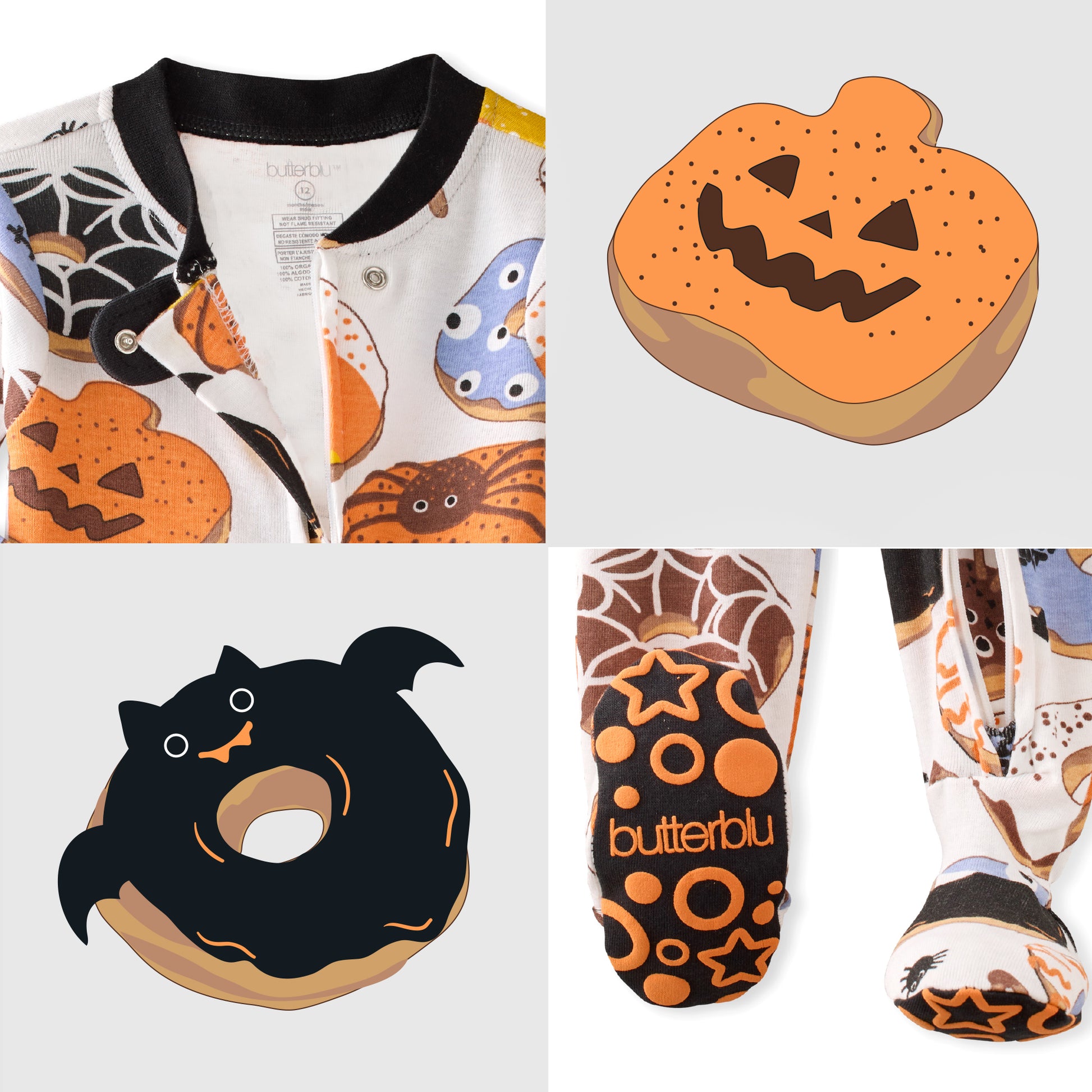 Halloween-themed baby outfit with pumpkin, ghost, and donut designs on a white background.
