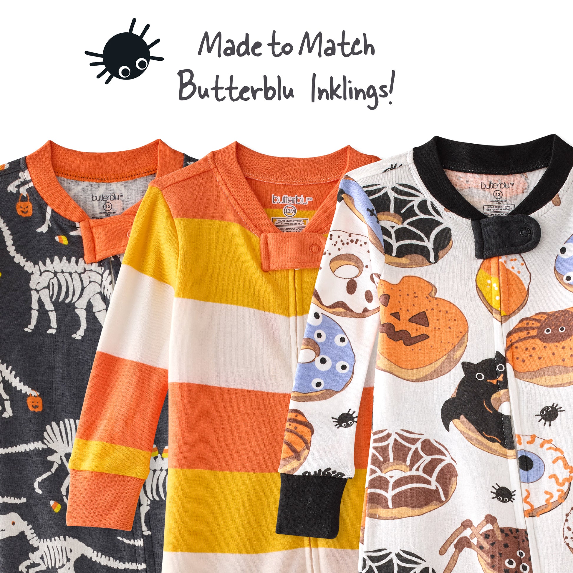 Three children's outfits with Halloween-themed designs on a white background.