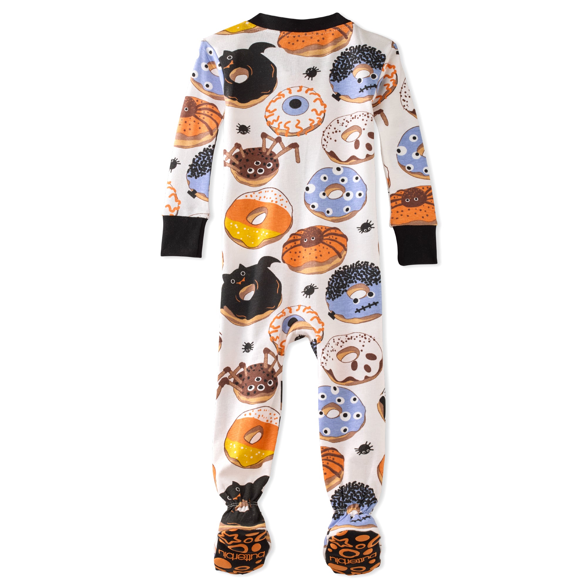 Children's onesie with Halloween-themed design on a white background