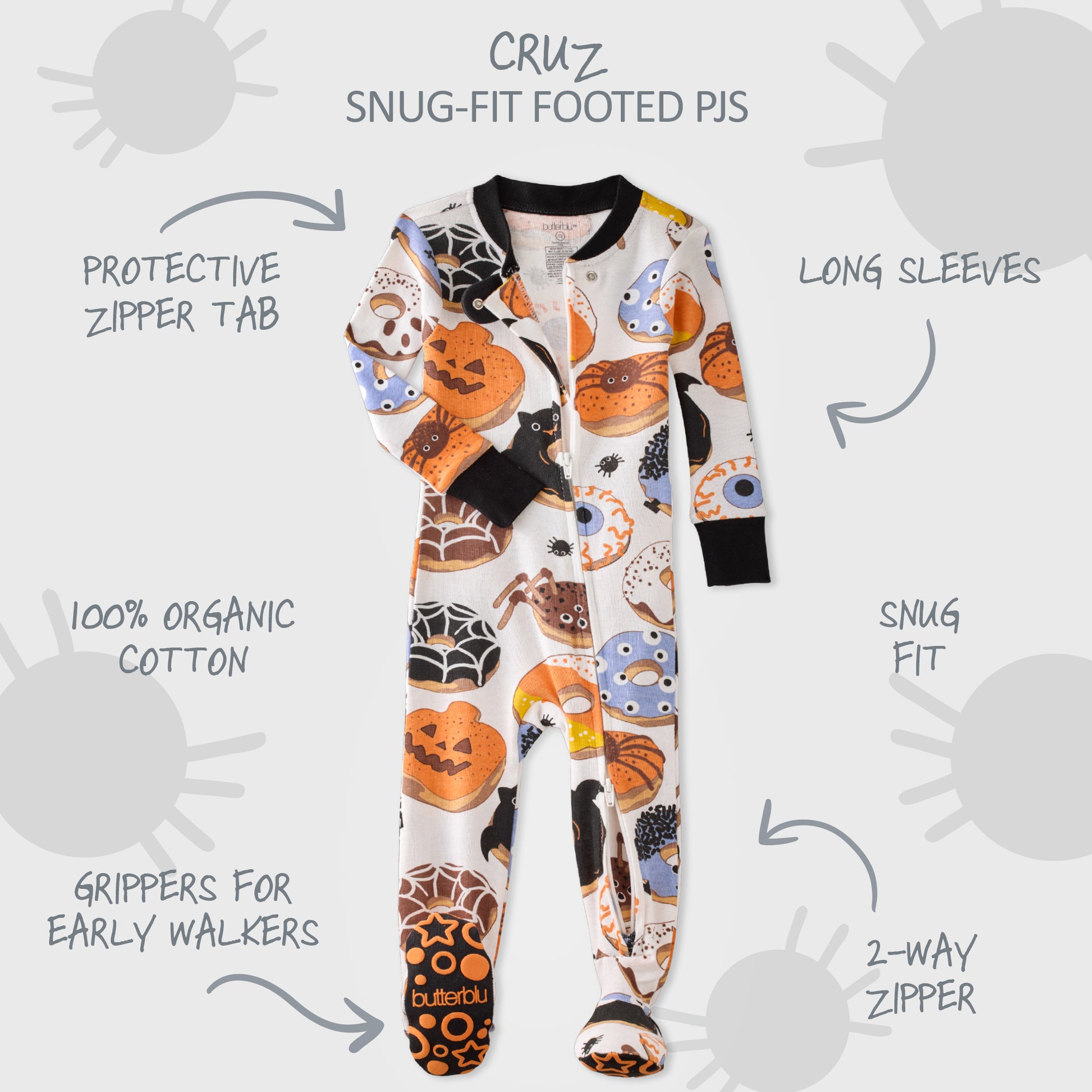 Halloween-themed onesie with features highlighted on a gray background