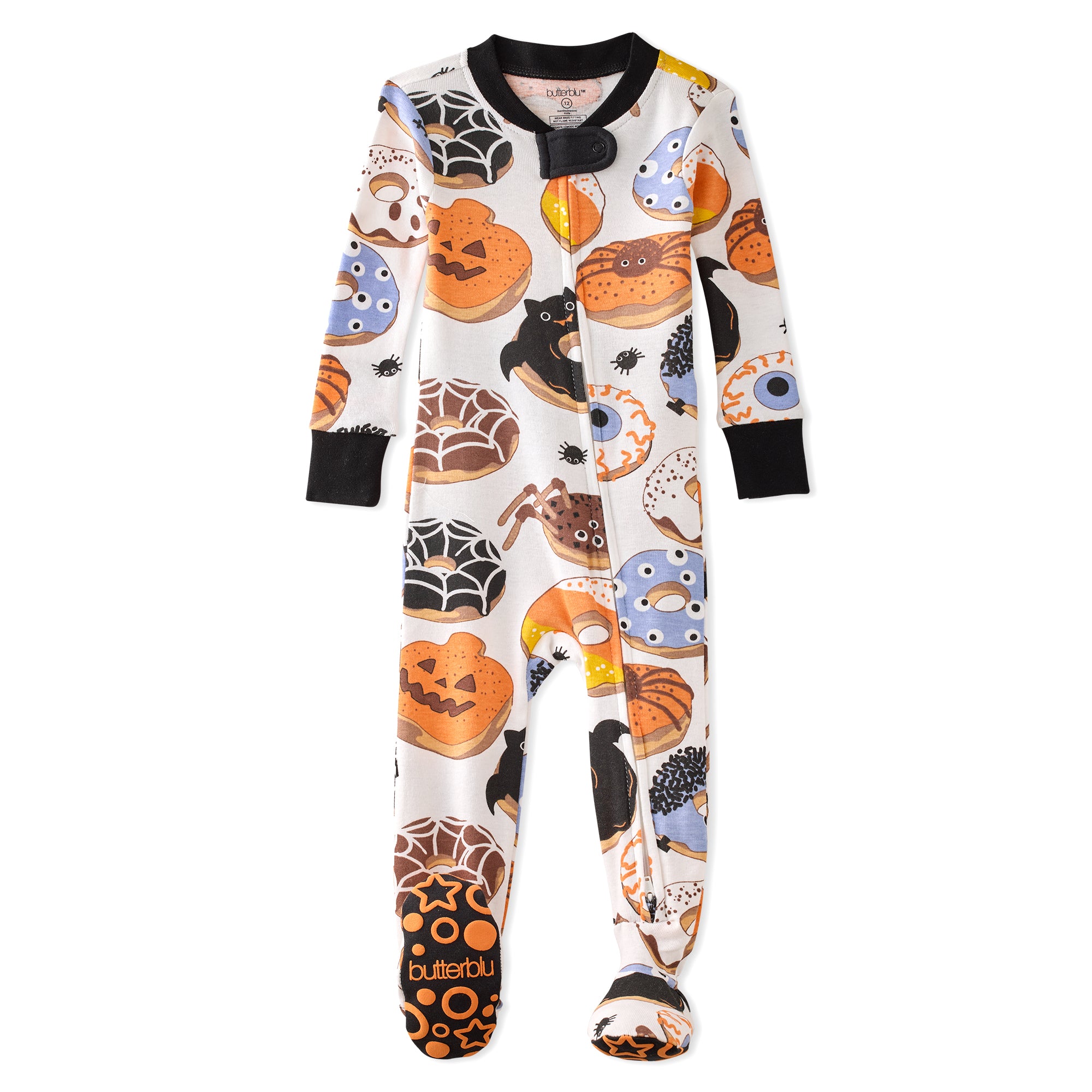 Halloween-themed baby onesie with pumpkins, ghosts, and ghosts on a white background.