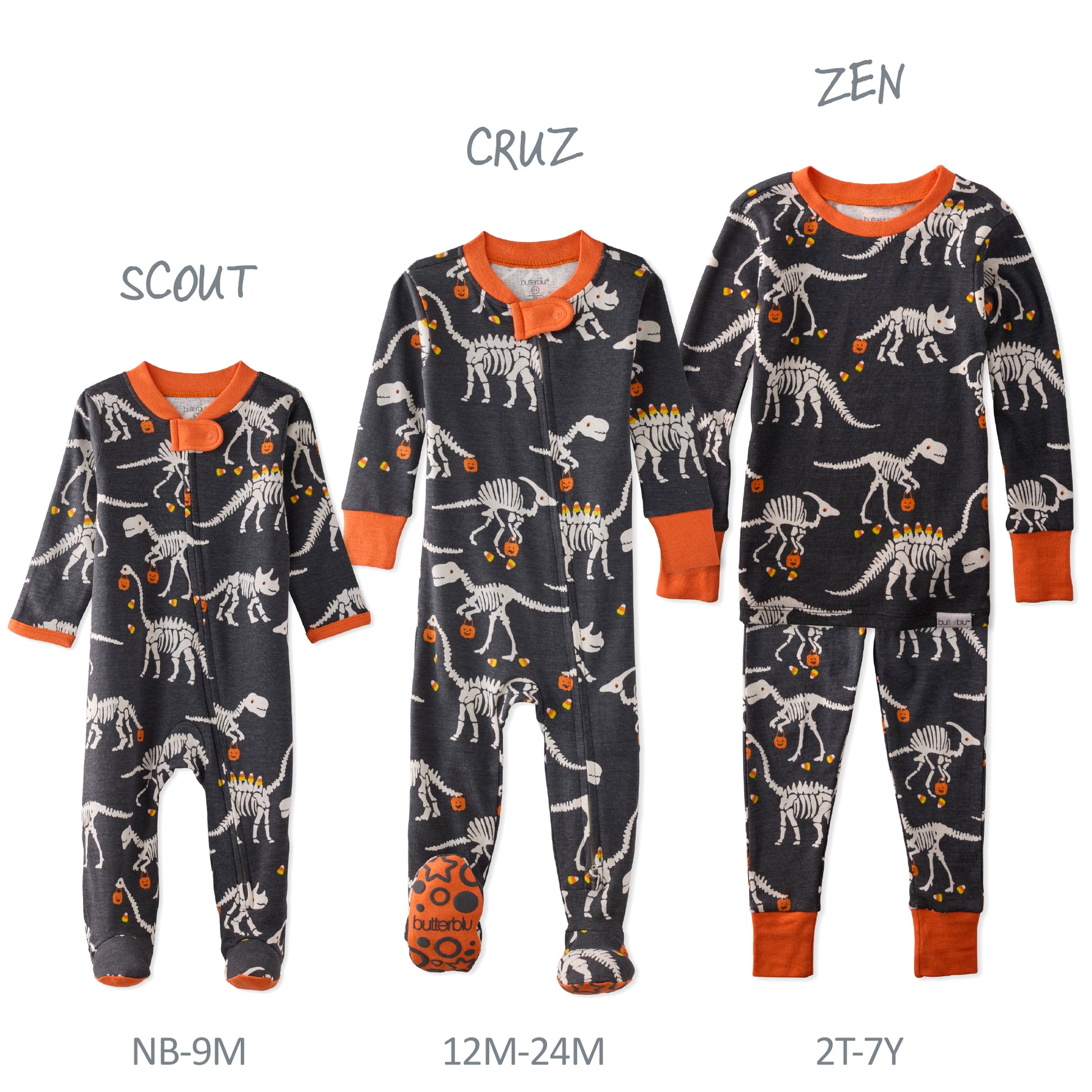 Three sizes of dinosaur-themed pajamas with labels 'Scout', 'Cruz', and 'Zen' on a white background.