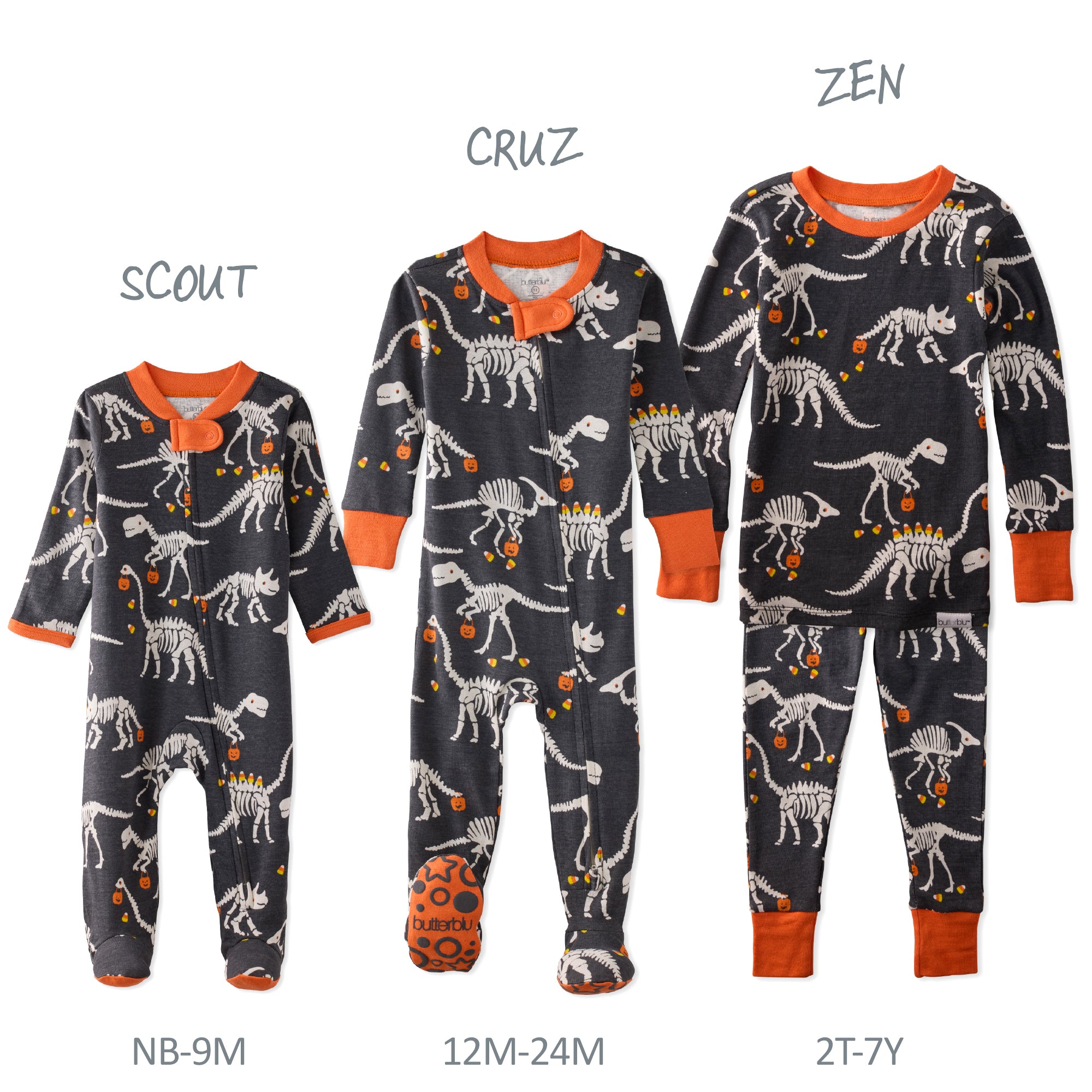 Three sizes of dinosaur-themed pajamas with labels 'Scout', 'Cruz', and 'Zen' on a white background.