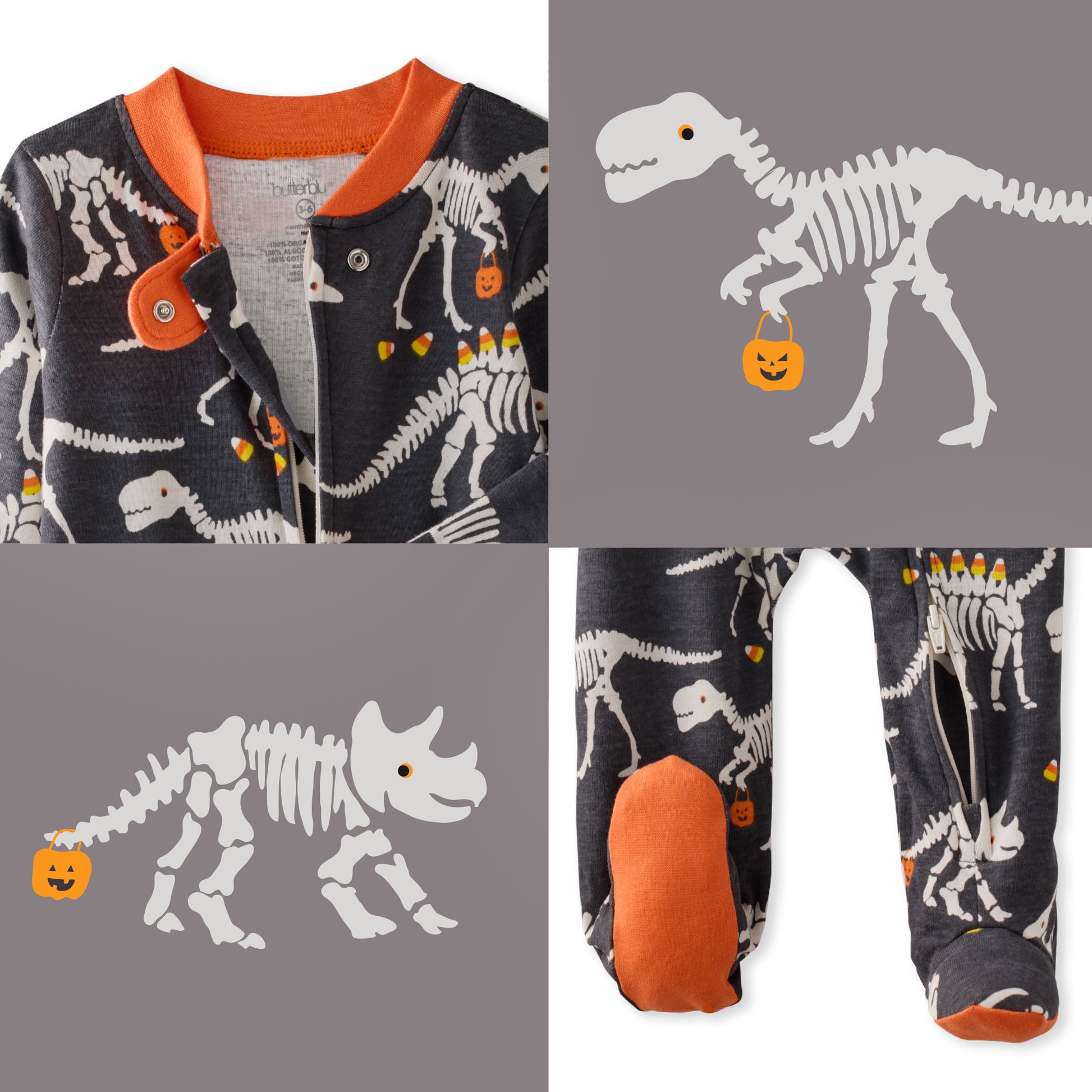 Children's onesie with dinosaur skeleton pattern and Halloween elements, shown in various angles.