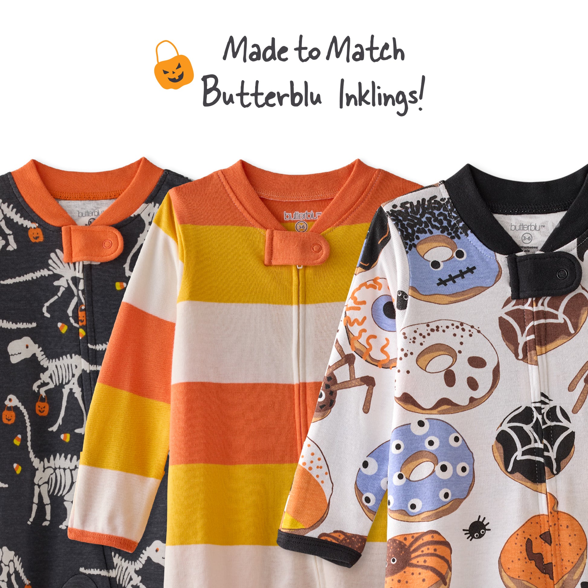 Three children's pajamas with Halloween-themed designs on a white background.