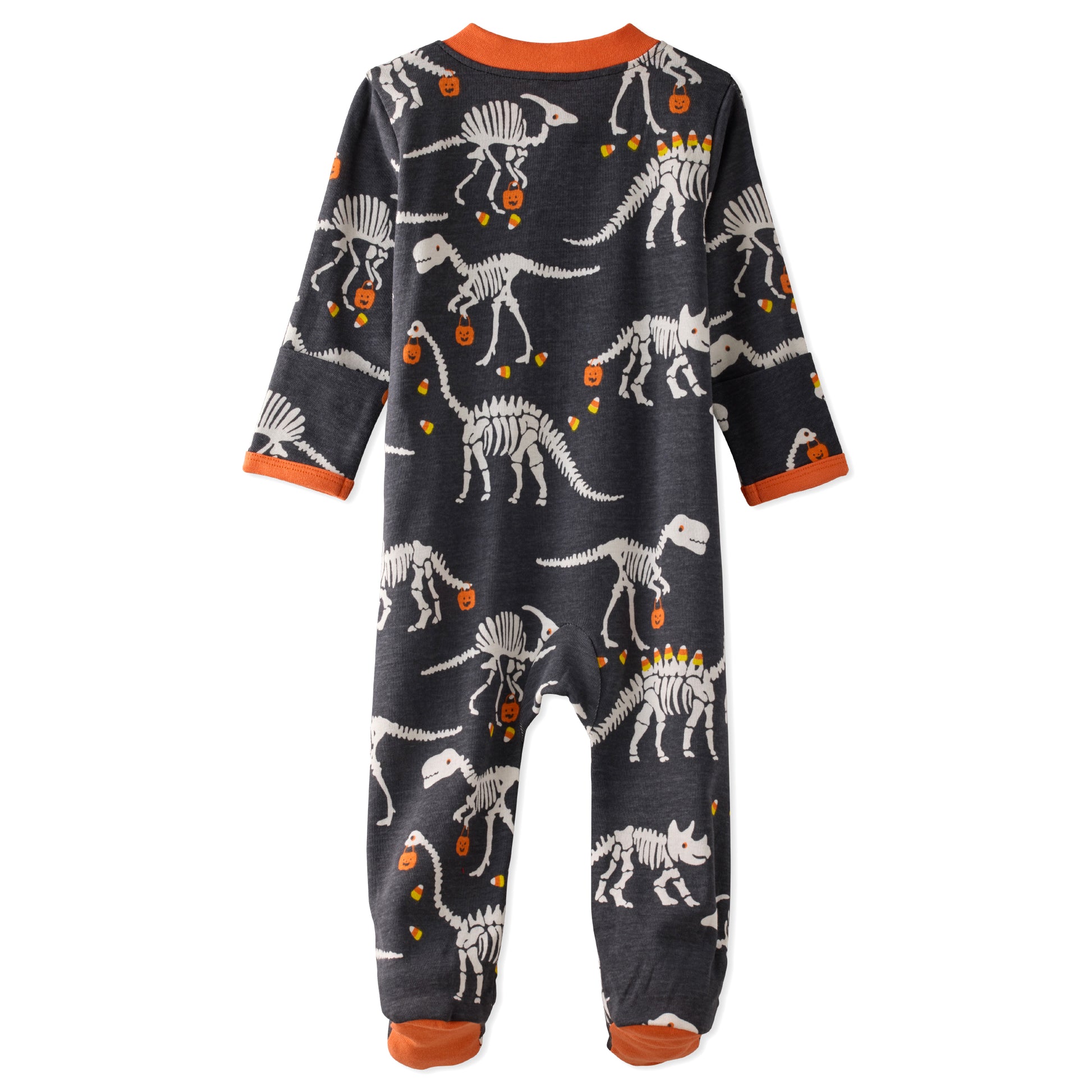 Children's onesie with dinosaur skeleton pattern on a white background