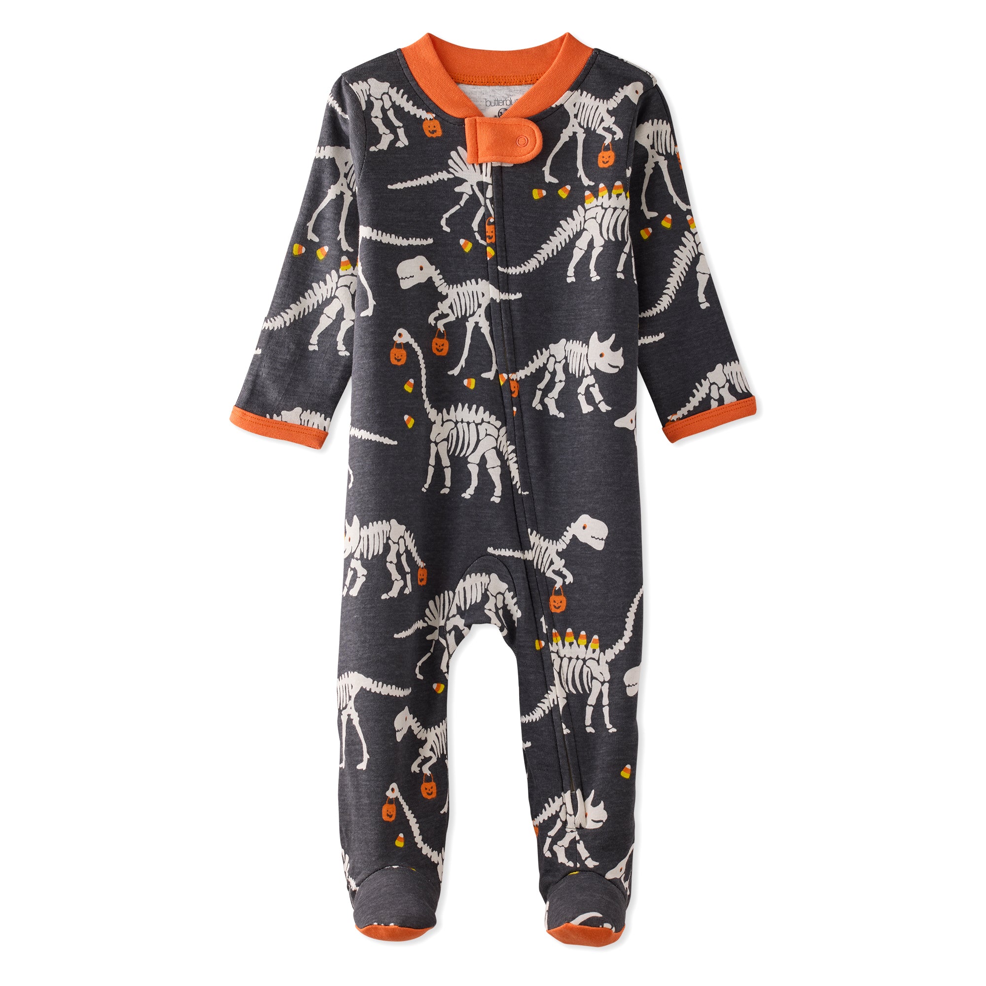 Baby onesie with dinosaur skeleton pattern on a white background