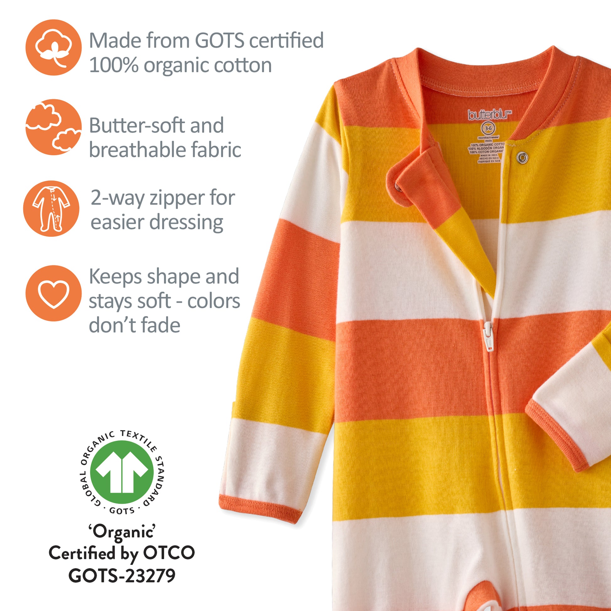 Striped baby onesie with organic cotton certification details on a white background