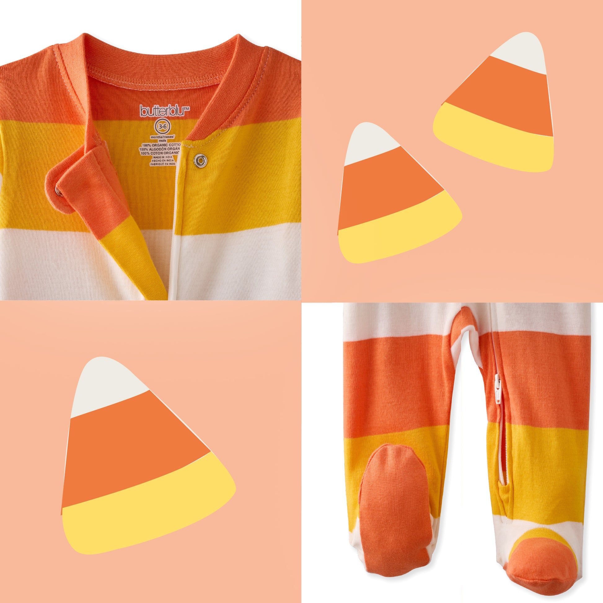 Baby onesie with candy corn design on a peach background