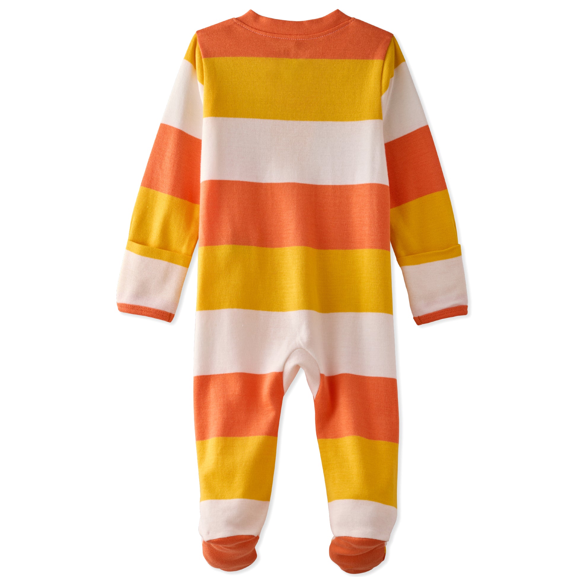 Striped baby onesie with orange, yellow, and white colors on a white background