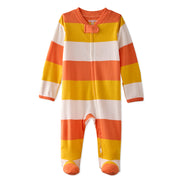 Striped baby onesie with orange, yellow, and white colors on a white background