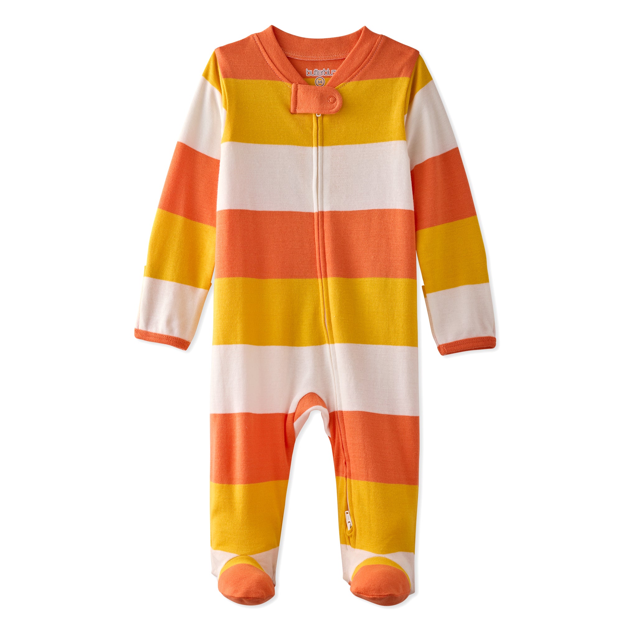 Striped baby onesie with orange, yellow, and white colors on a white background