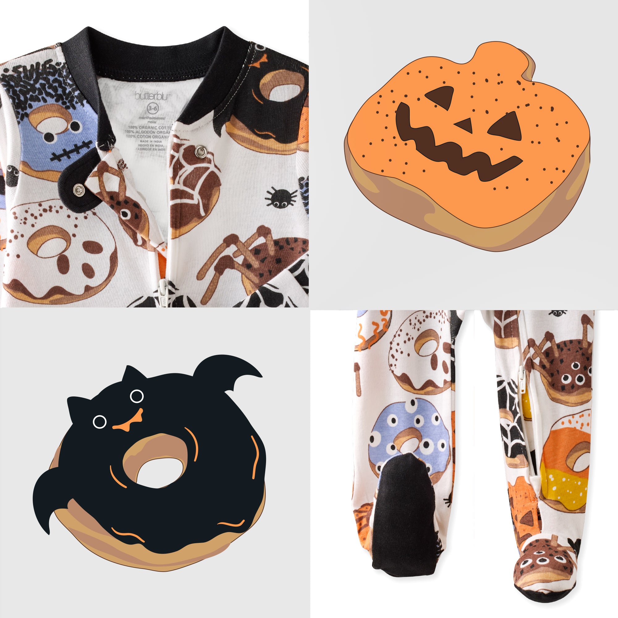 Halloween-themed children's clothing and accessories including a onesie, pumpkin-shaped cookie, and donut-shaped cookie with eyes.