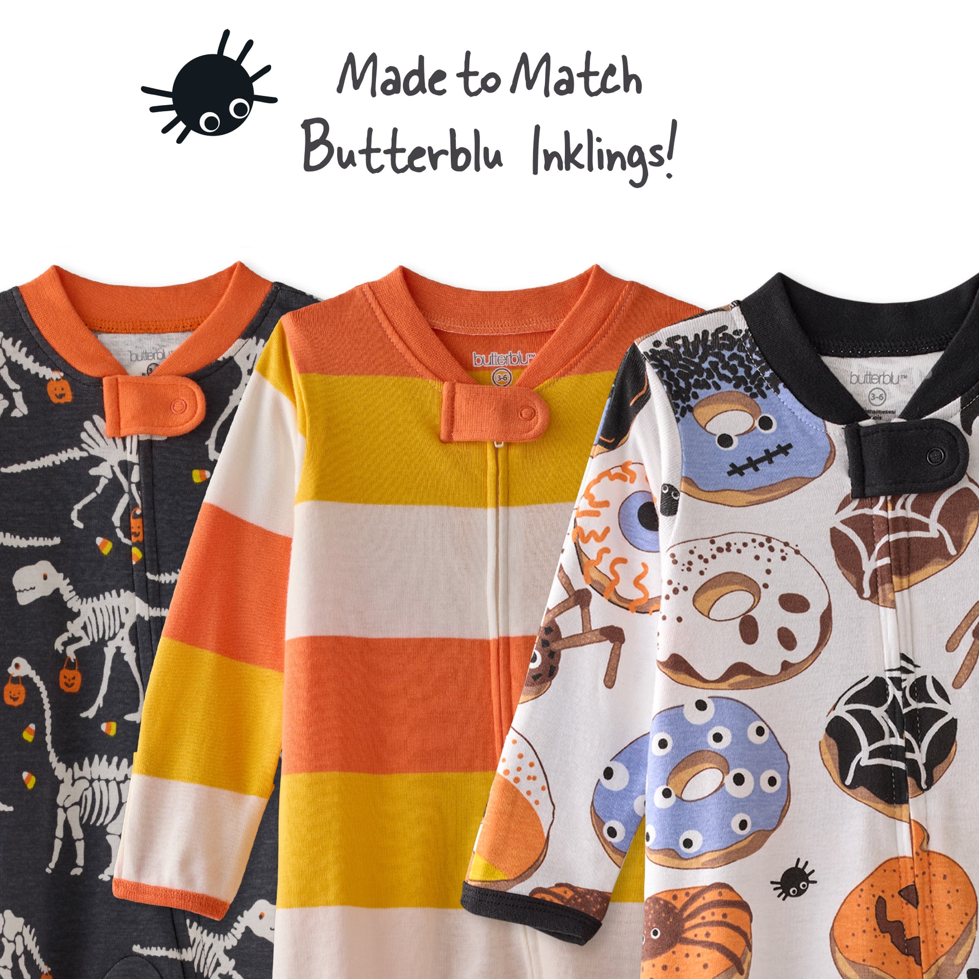 Three children's pajama sets with Halloween-themed designs on a white background.