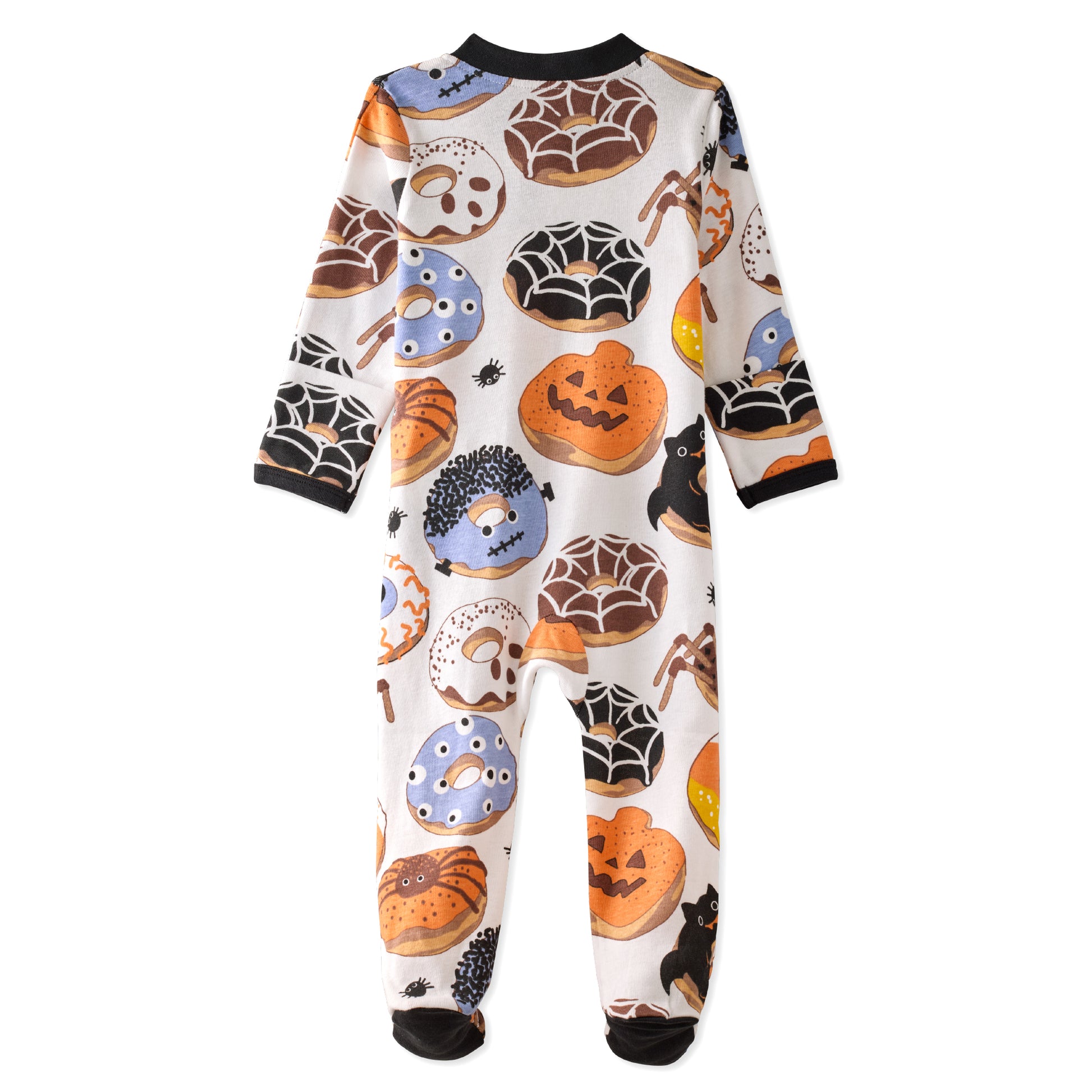 Halloween-themed onesie with pumpkins, ghosts, and ghosts on a white background