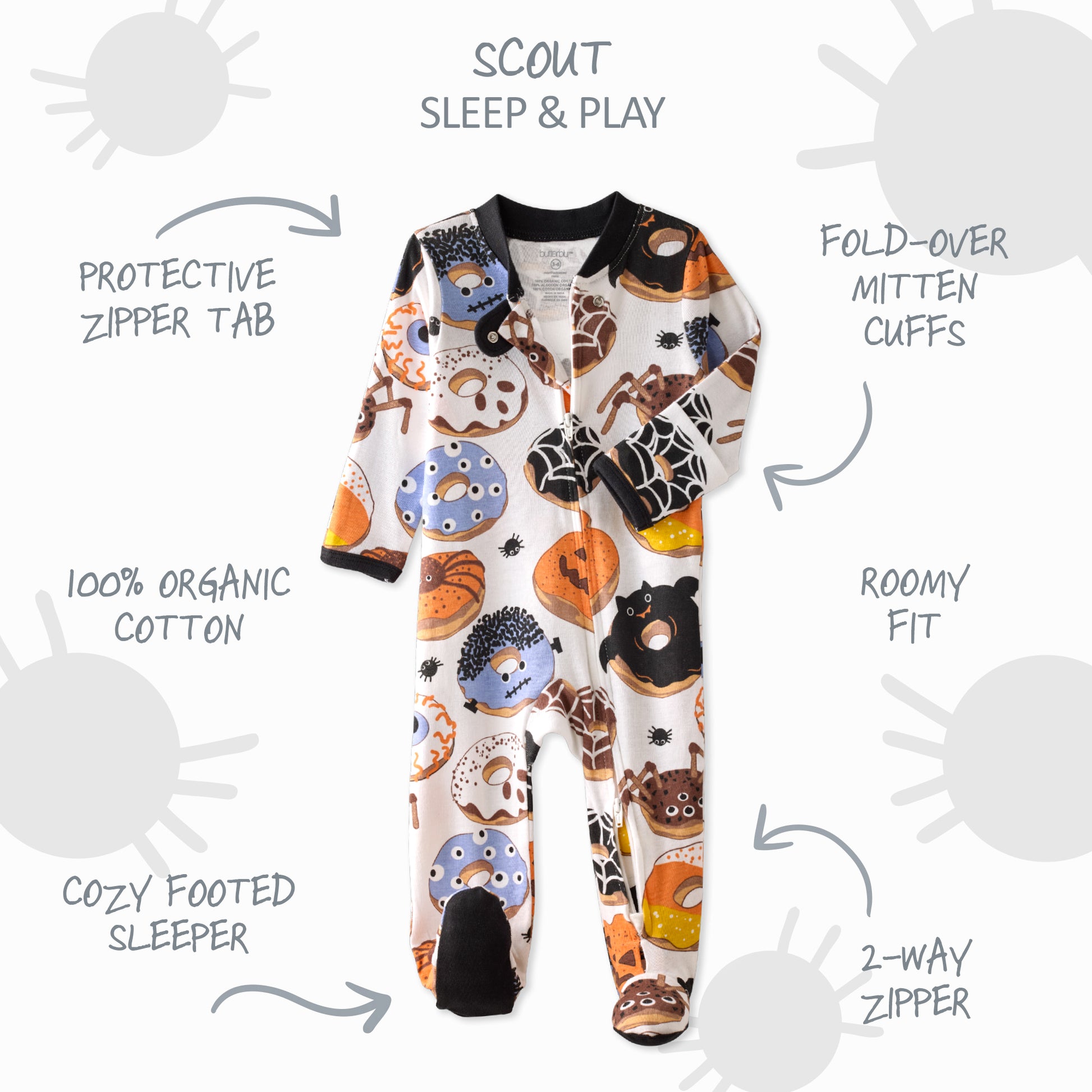 Children's onesie with Halloween-themed design on a white background with text labels.