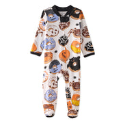 Baby onesie with Halloween-themed cookies and donuts pattern on a white background