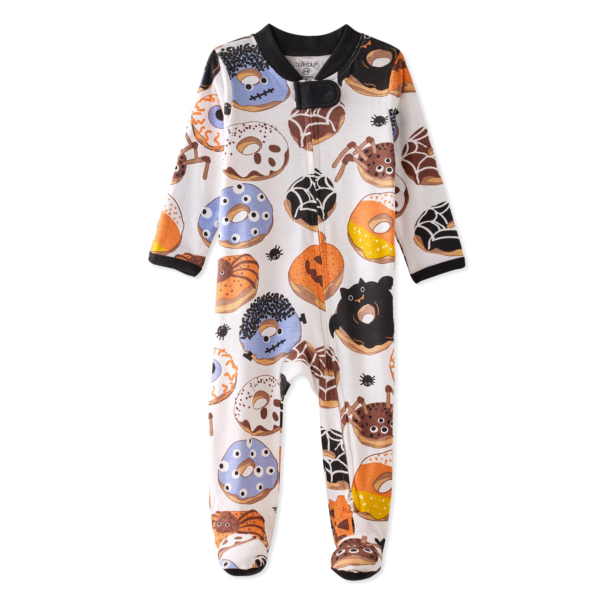 Baby onesie with Halloween-themed cookies and donuts pattern on a white background
